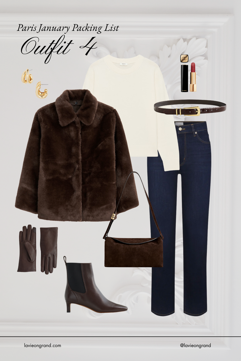 Brown fur coat with denim, cream sweater, and boots.