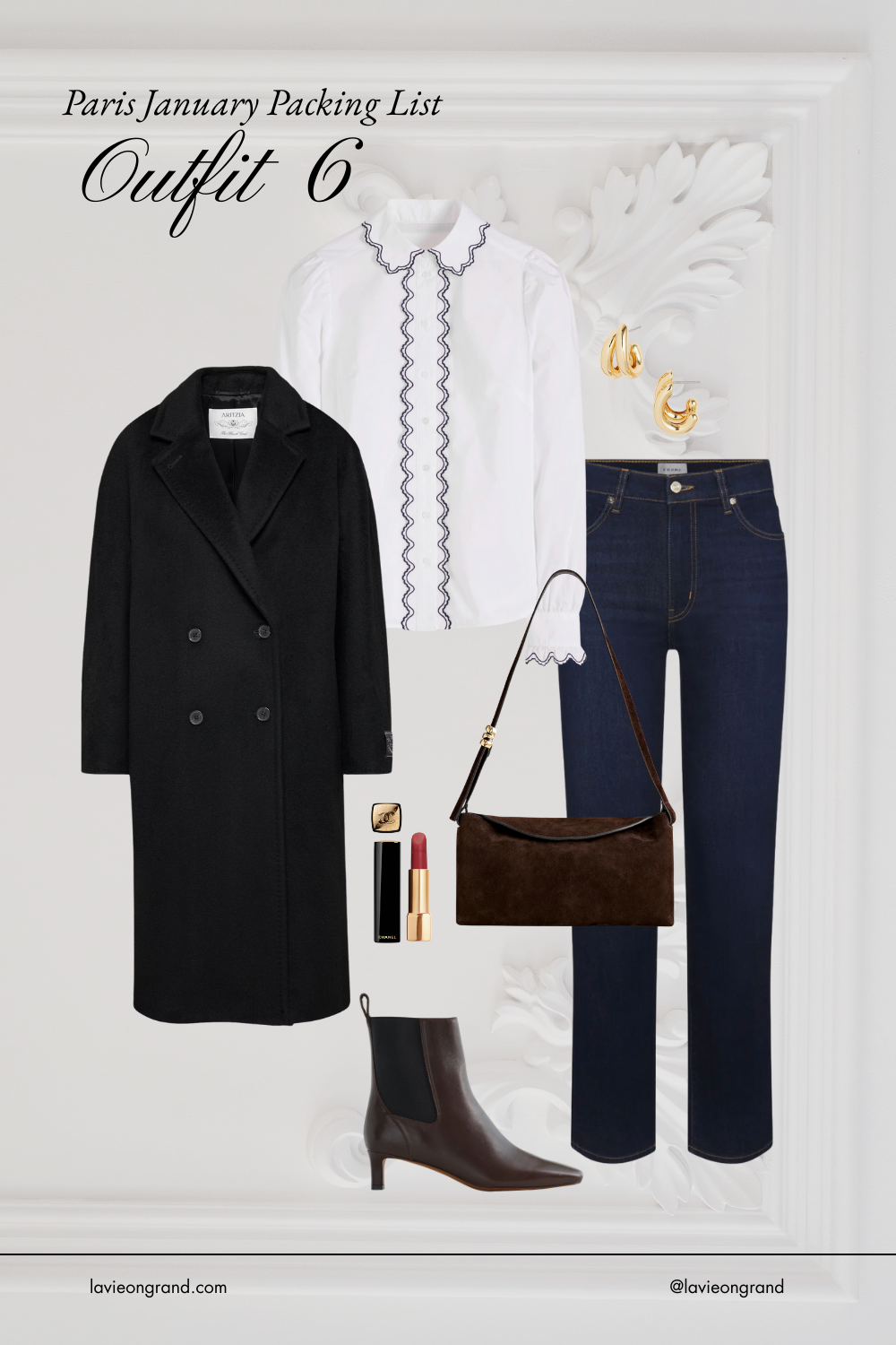 Black coat with white and and navy top, chocolate brown purse, and boots.