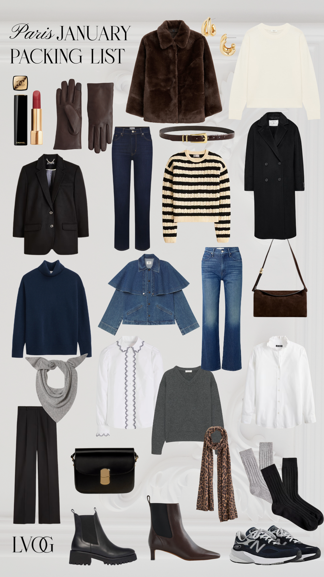 Graphic of 26 items to wear and pack for Paris in January.