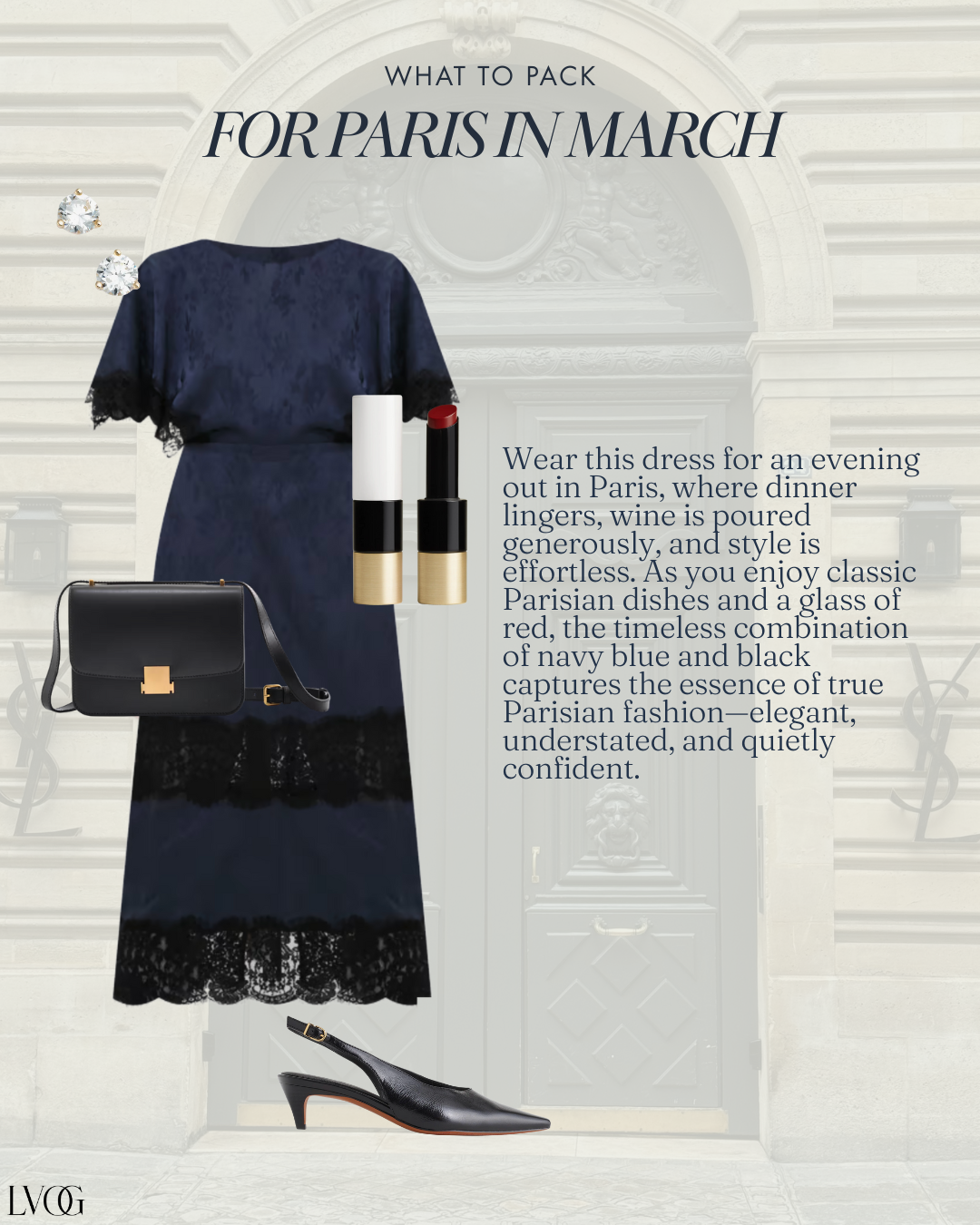 Paris dinner outfit for March with navy dress, black crossbody bag, red lipstick, and slingback heels.