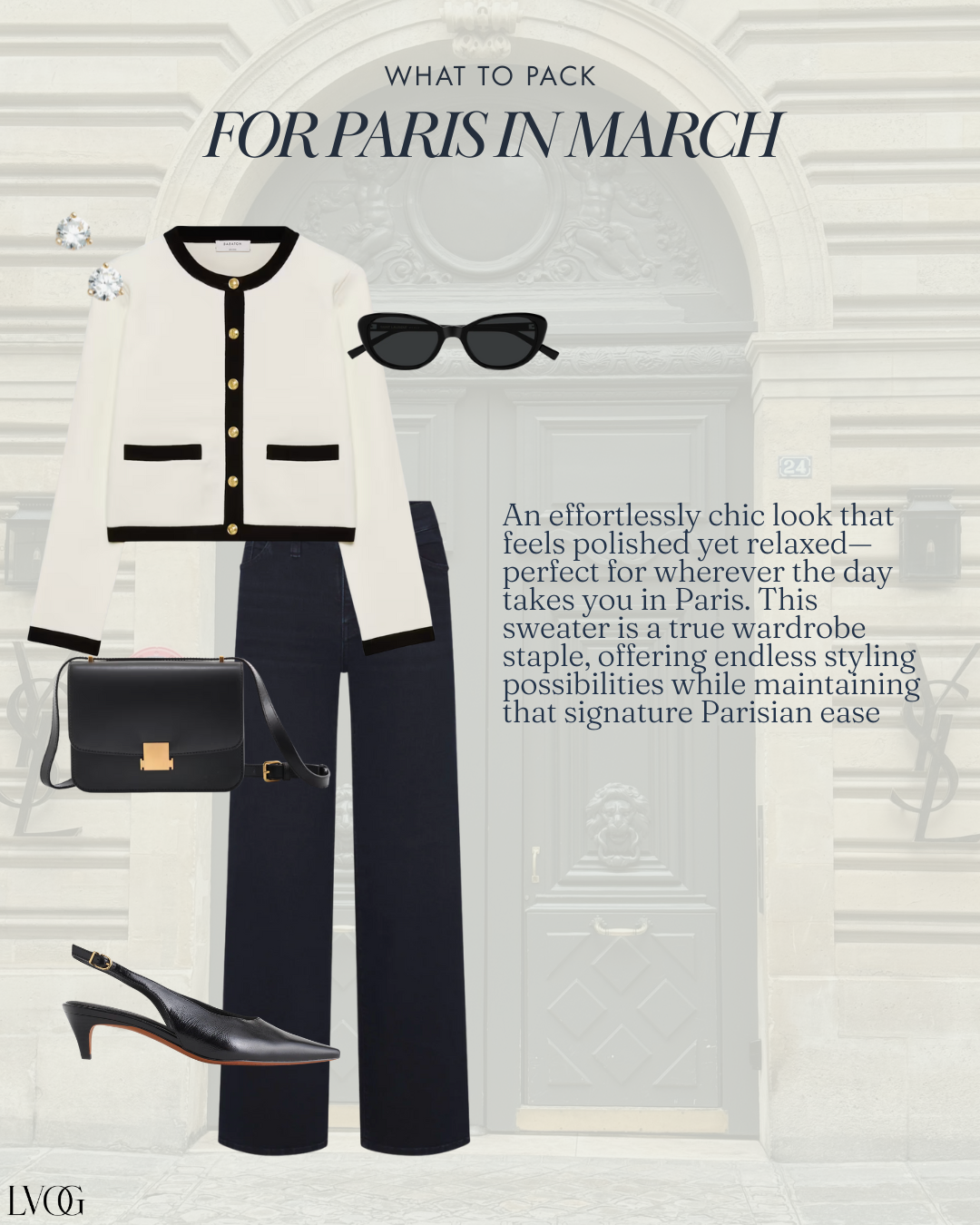 Paris March outfit with cream cardigan jacket, navy trousers, black crossbody bag, sunglasses, and slingback heels