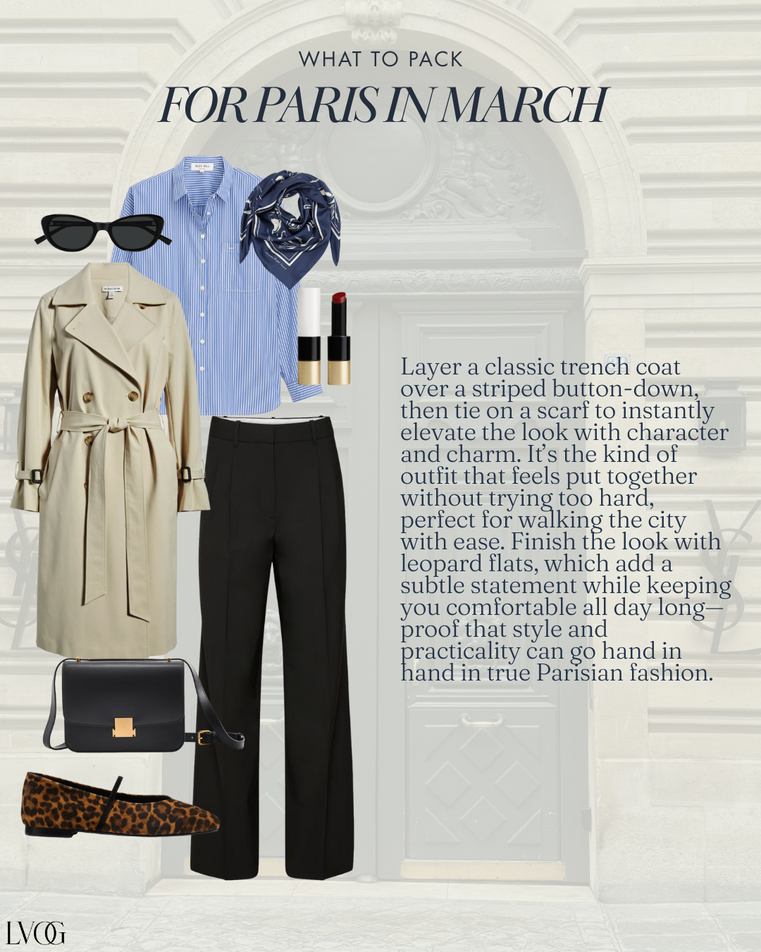 Paris March outfit with trench coat, striped button-down shirt, black pants, silk scarf, crossbody bag, and leopard flats