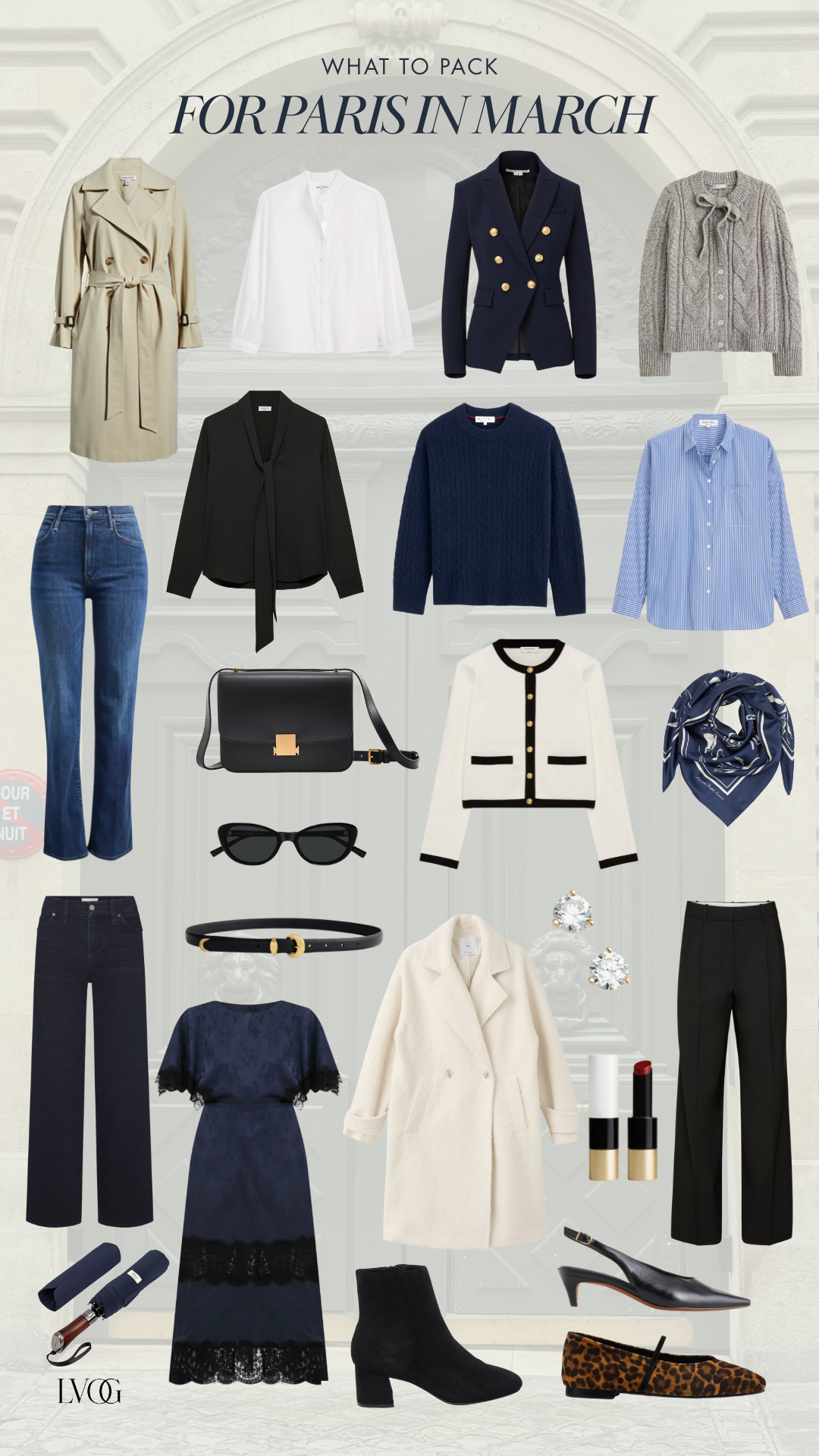 What to pack for Paris in March packing list featuring a trench coat, neutral colors, blouses, sweaters, jeans, black pants, crossbody bag, scarf, and comfortable shoes