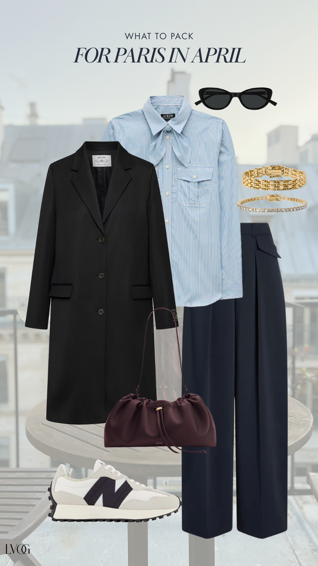 What to wear in Paris in April with blazer, wide-leg pants, and comfortable white sneakers for spring