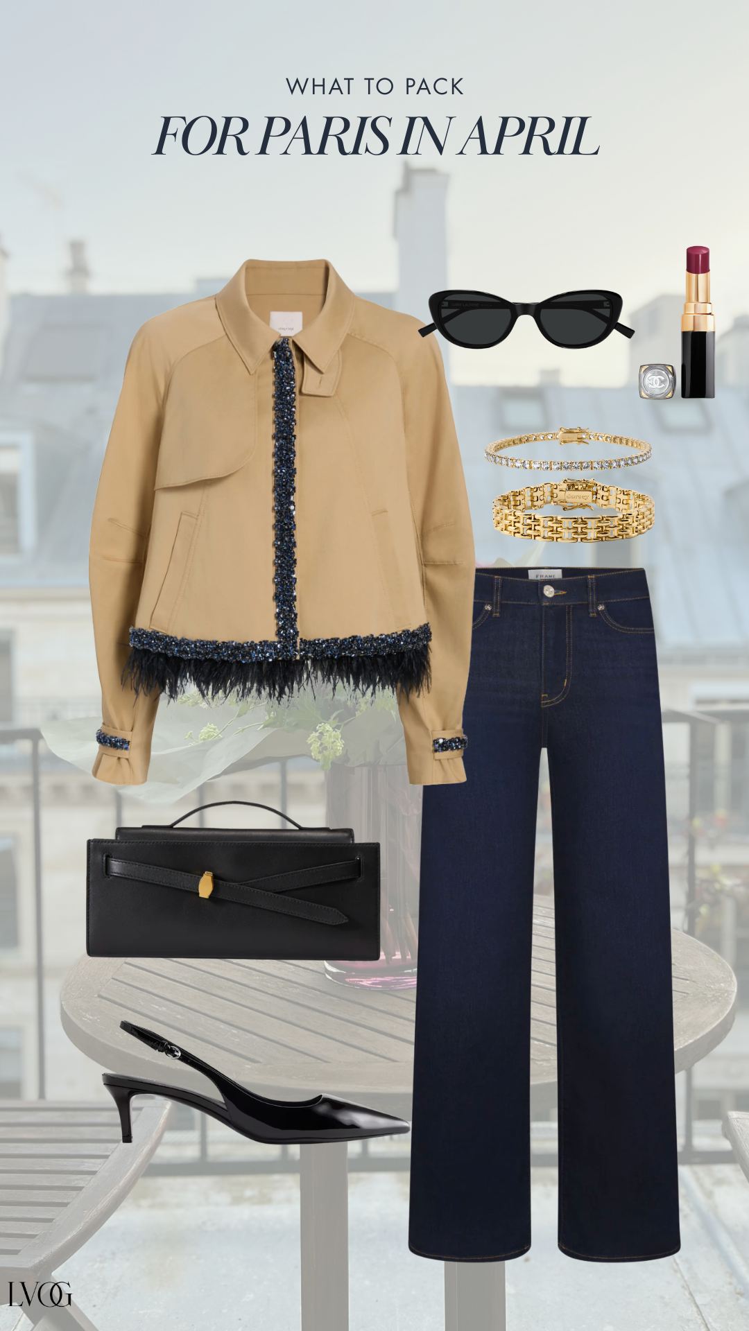 Paris spring outfit with camel jacket, dark jeans, black slingback heels, and structured handbag for April evenings