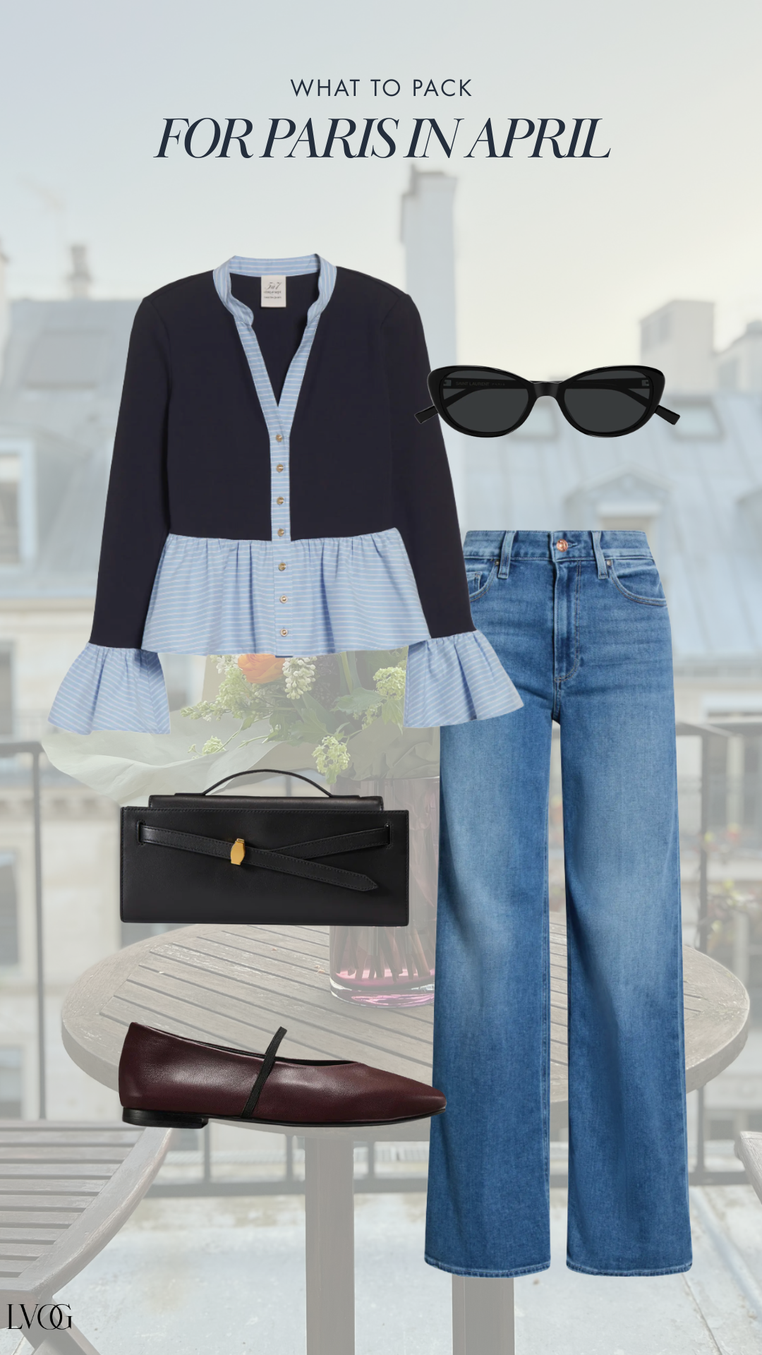 Parisian style spring outfit with navy blouse, blue jeans, ballet flats, and structured handbag for April weather
