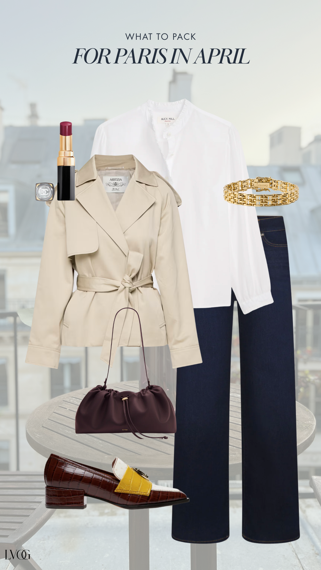 Paris spring outfit with trench coat, dark jeans, white blouse, loafers, and crossbody bag for April weather