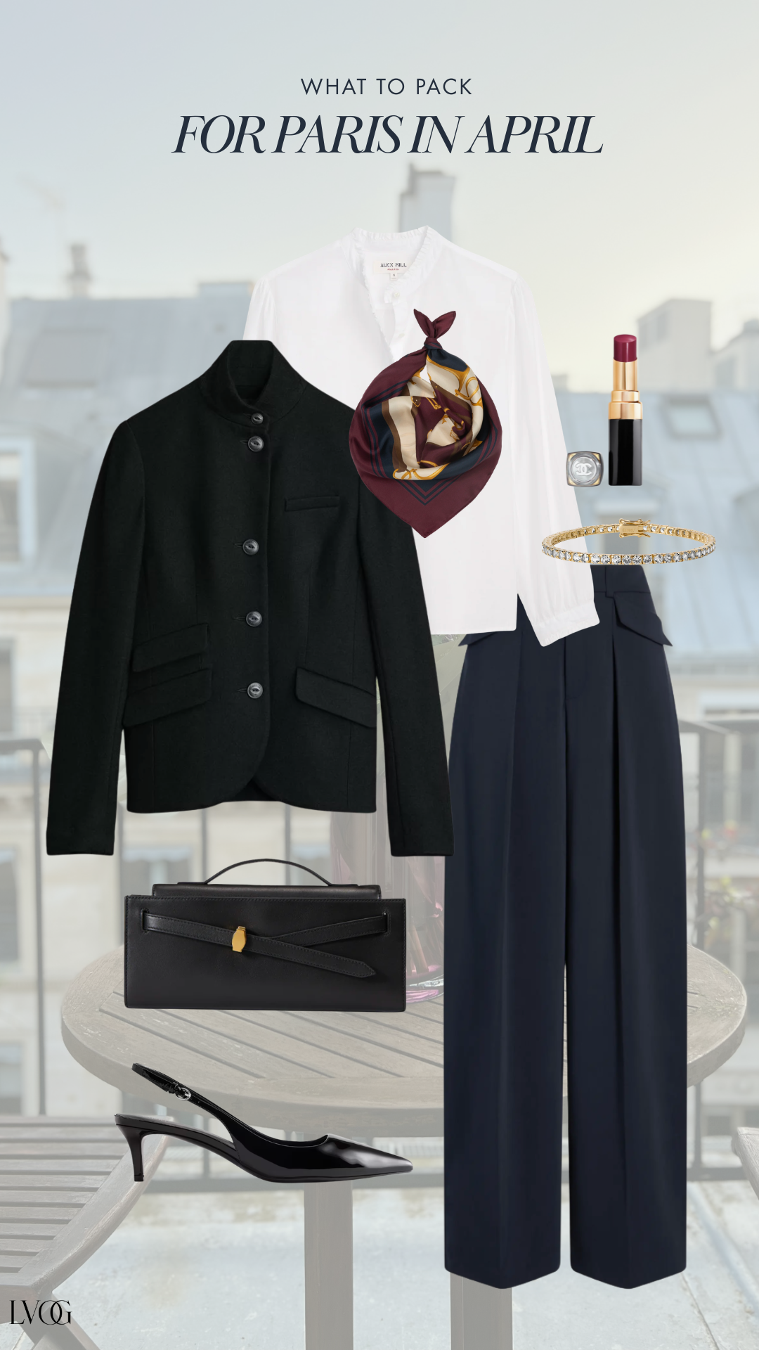 Parisian fashion outfit for April with black blazer, white blouse, wide-leg pants, silk scarf, and slingback heels