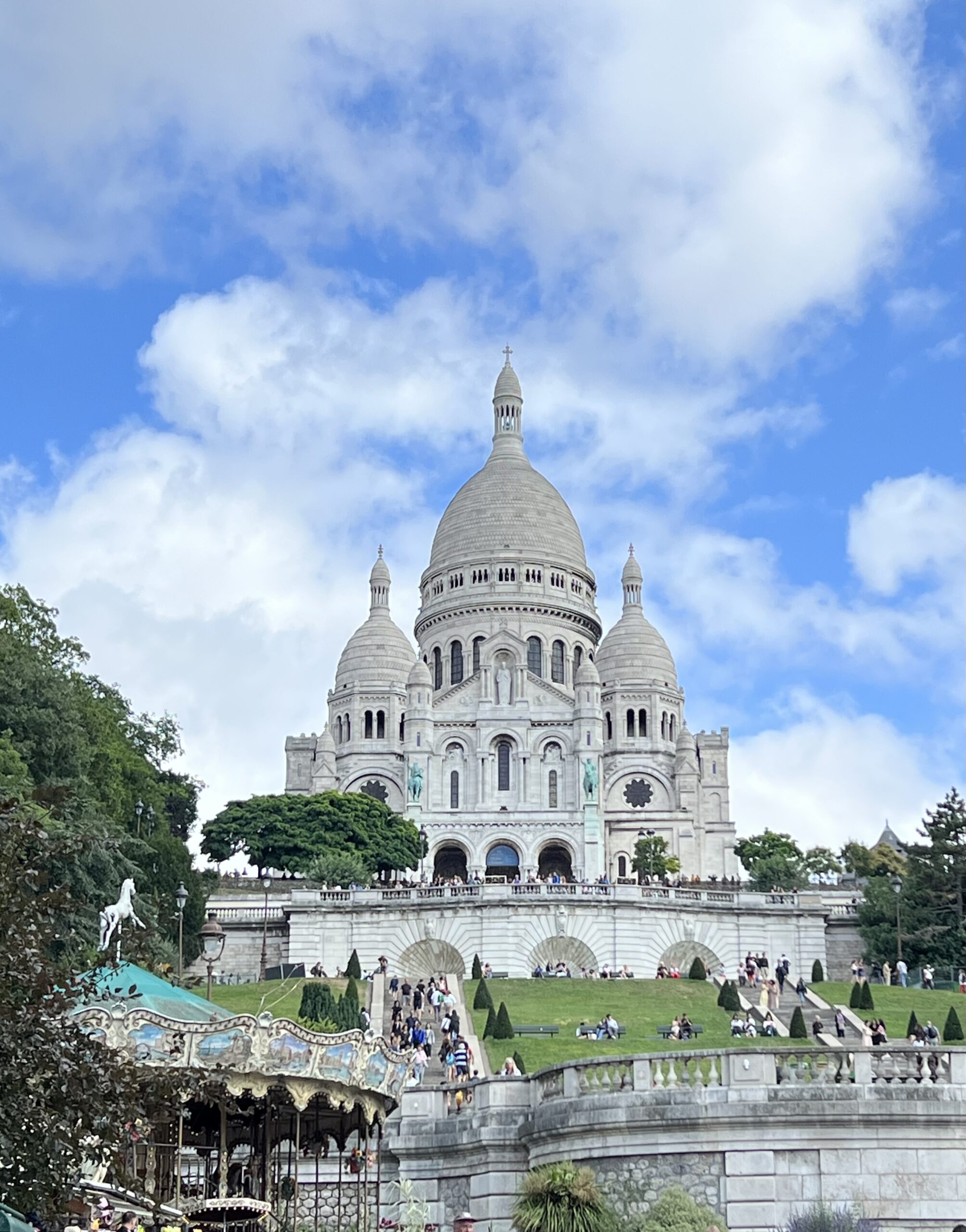 Sacre Cœur Bascillica in Montmarte with blue skies.