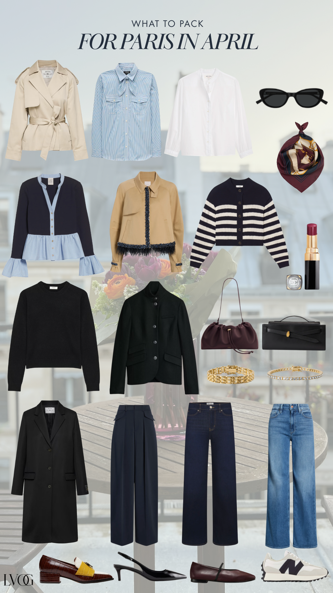 Flat lay capsule wardrobe showing what to pack for Paris in April including trench coat, blouses, jeans, ballet flats, white sneakers, and crossbody bags for spring weather