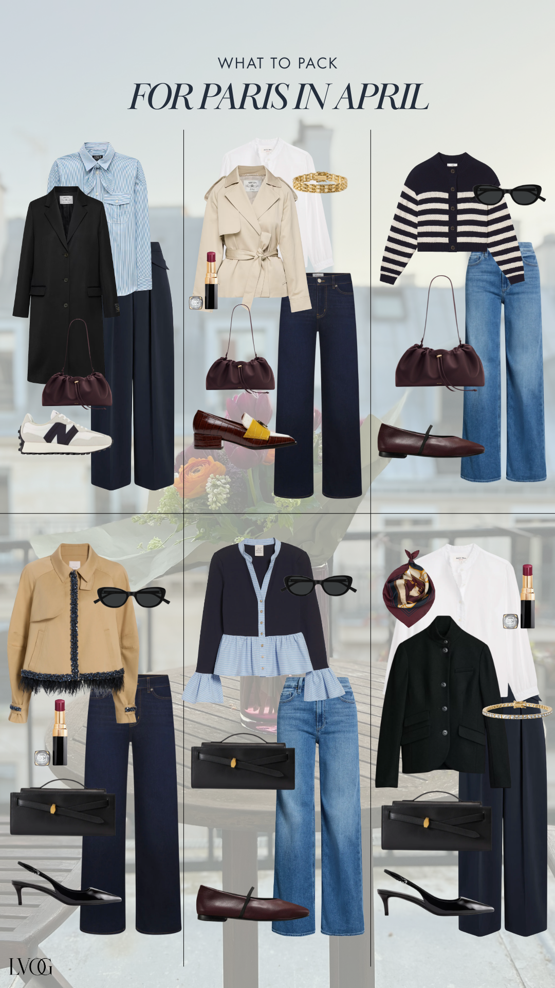 Outfit combinations showing what to pack for Paris in April including trench coat, striped sweater, dark jeans, ballet flats, and white sneakers