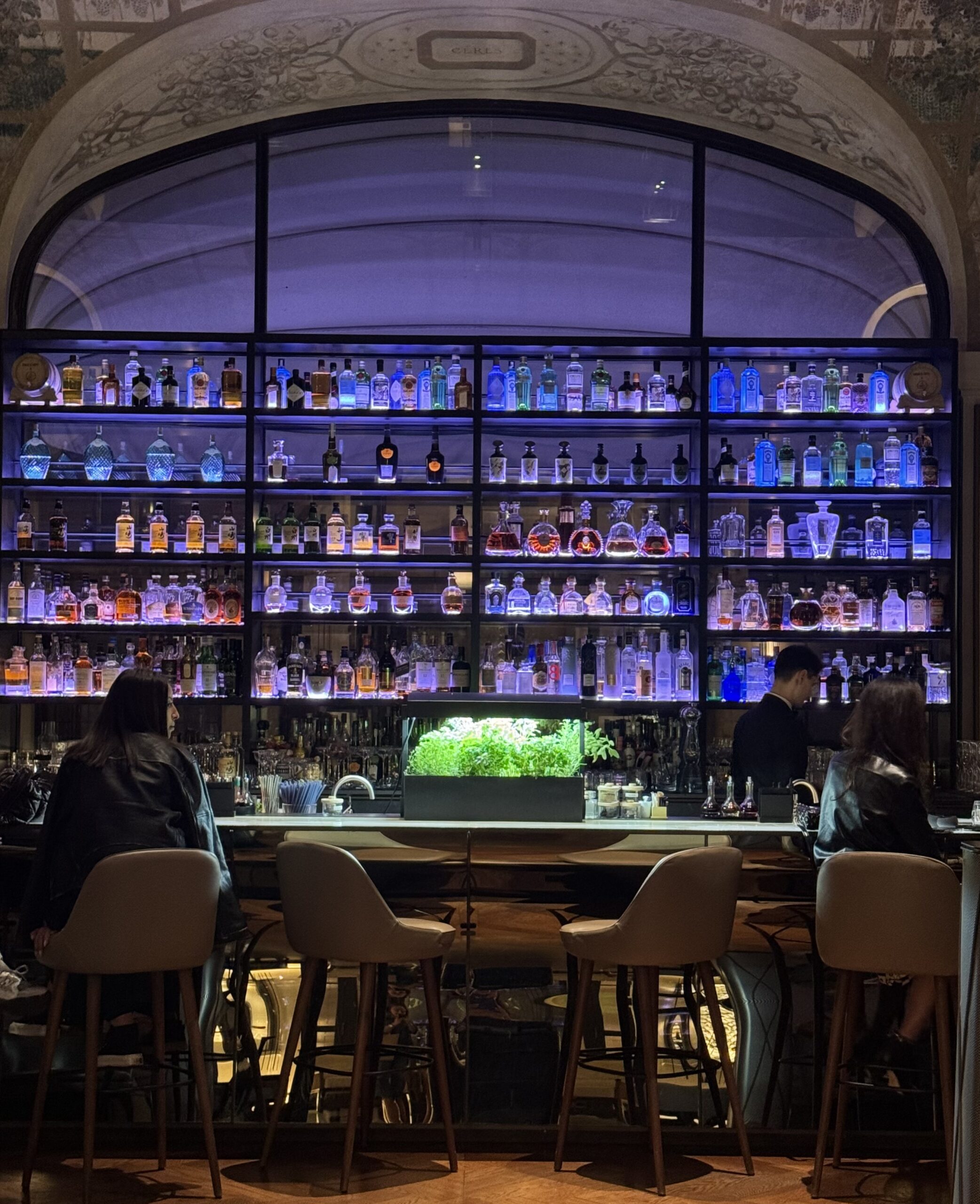 Bar Joséphine at Hôtel Lutetia in Paris featuring an elegant backlit cocktail bar and intimate evening atmosphere.