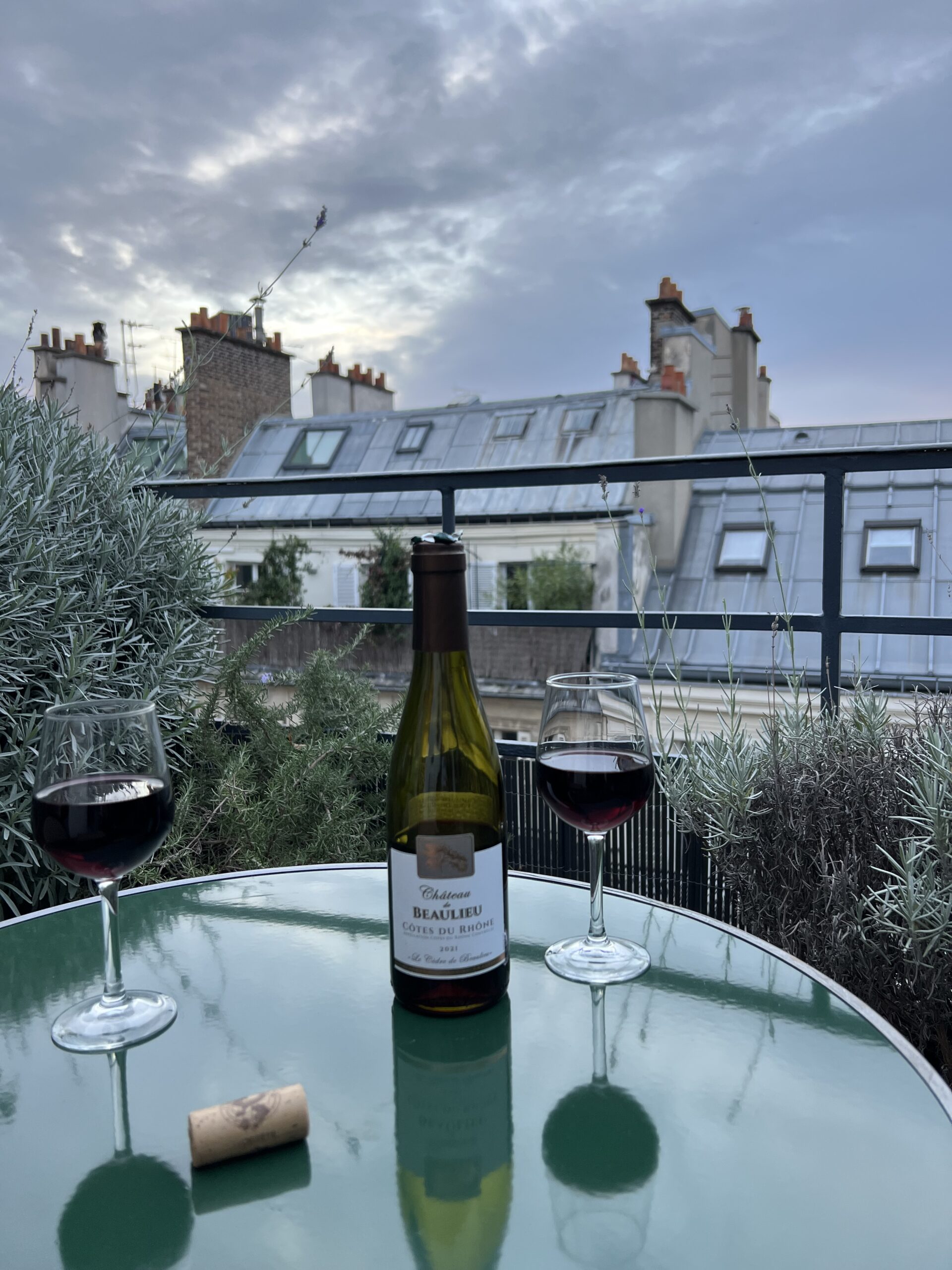 Terrace seating at Hôtel Bonsoir Madame overlooking Paris rooftops near Jardin du Luxembourg