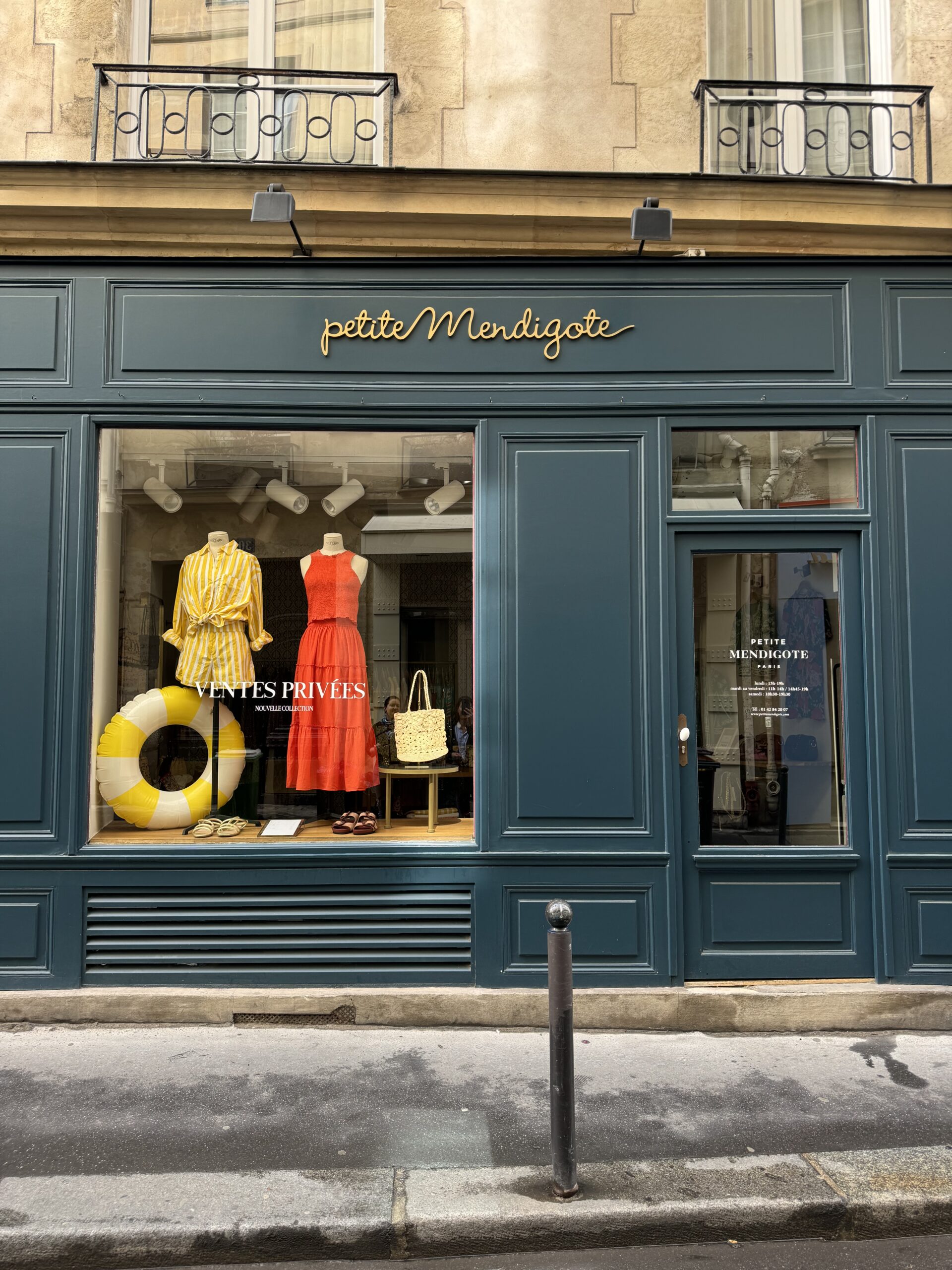 Petite Mendigote boutique storefront in Saint-Germain-des-Prés featuring colorful Parisian fashion