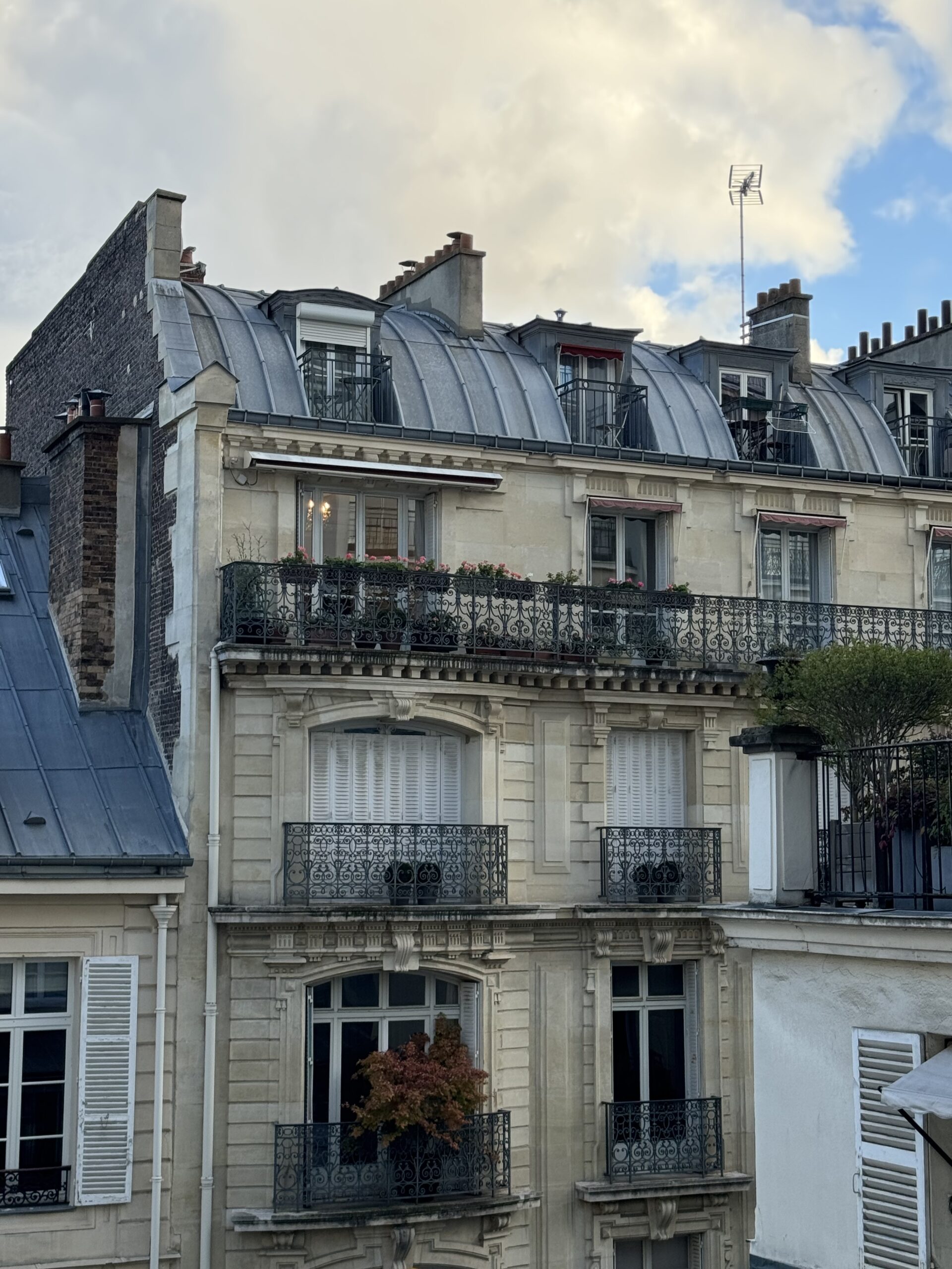 Classic Parisian apartment buildings in Saint-Germain-des-Prés with wrought-iron balconies and mansard roofs.