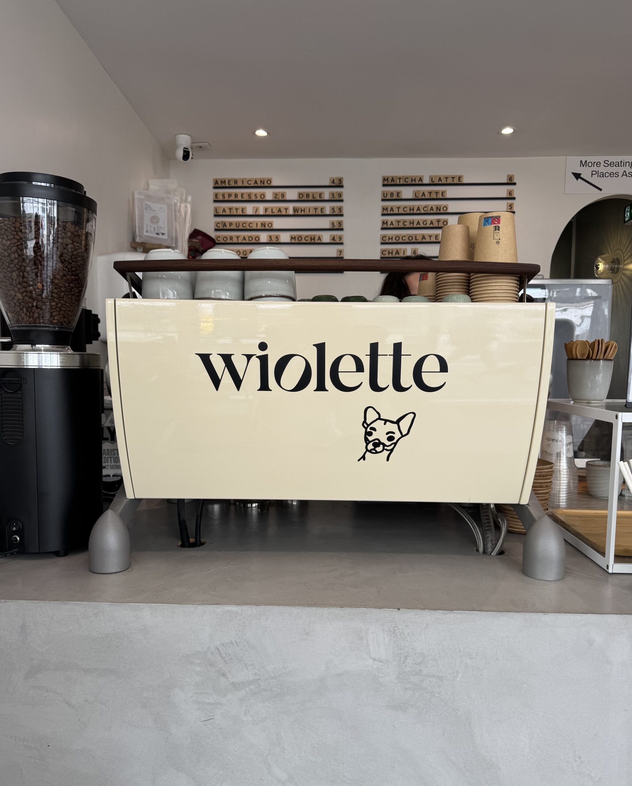 Wiolette coffee shop on Rue du Four in Paris serving espresso and iced coffee in a modern café setting