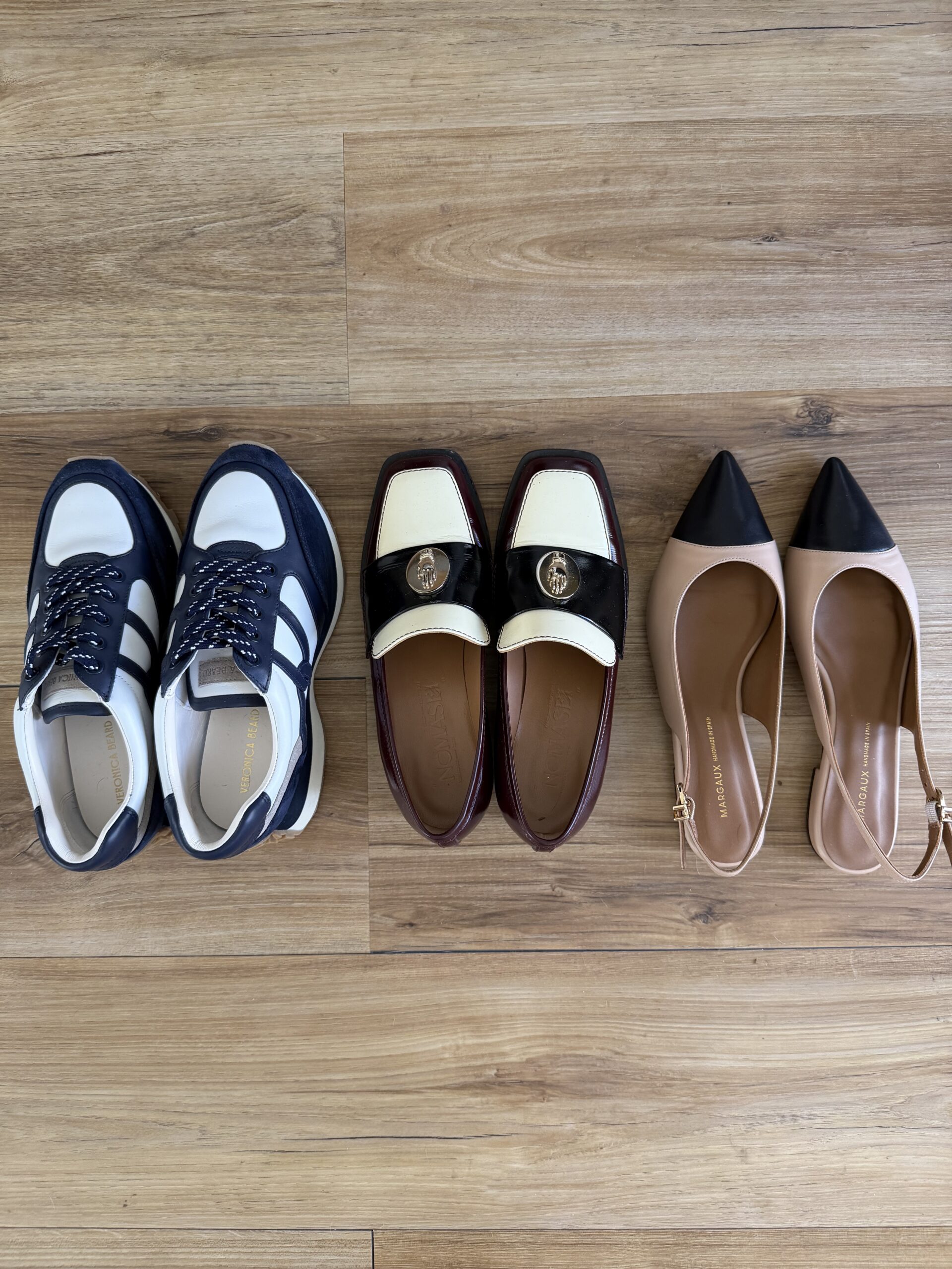 Best shoes to wear in Paris in May — navy sneakers, two-tone loafers and slingback flats