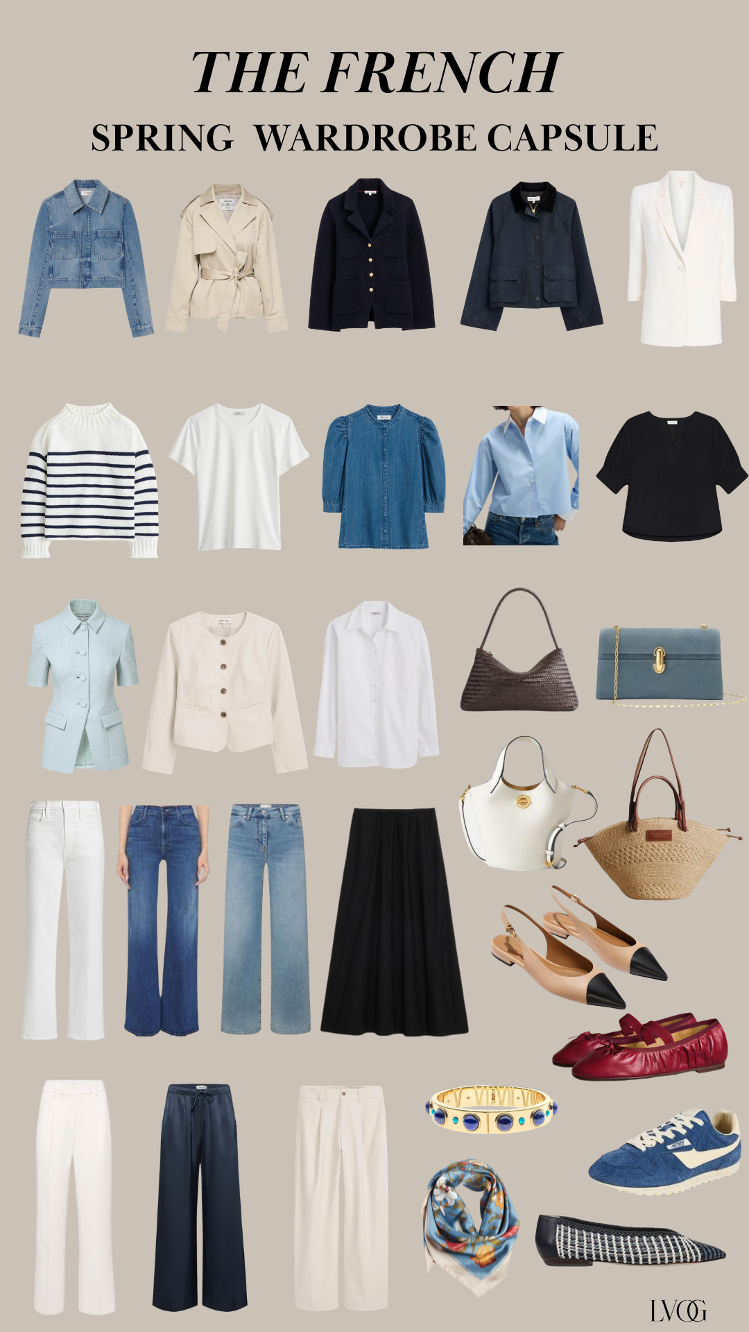 French spring wardrobe capsule featuring Parisian style essentials including trench coat, striped top, denim, blazer, flats and classic neutral pieces