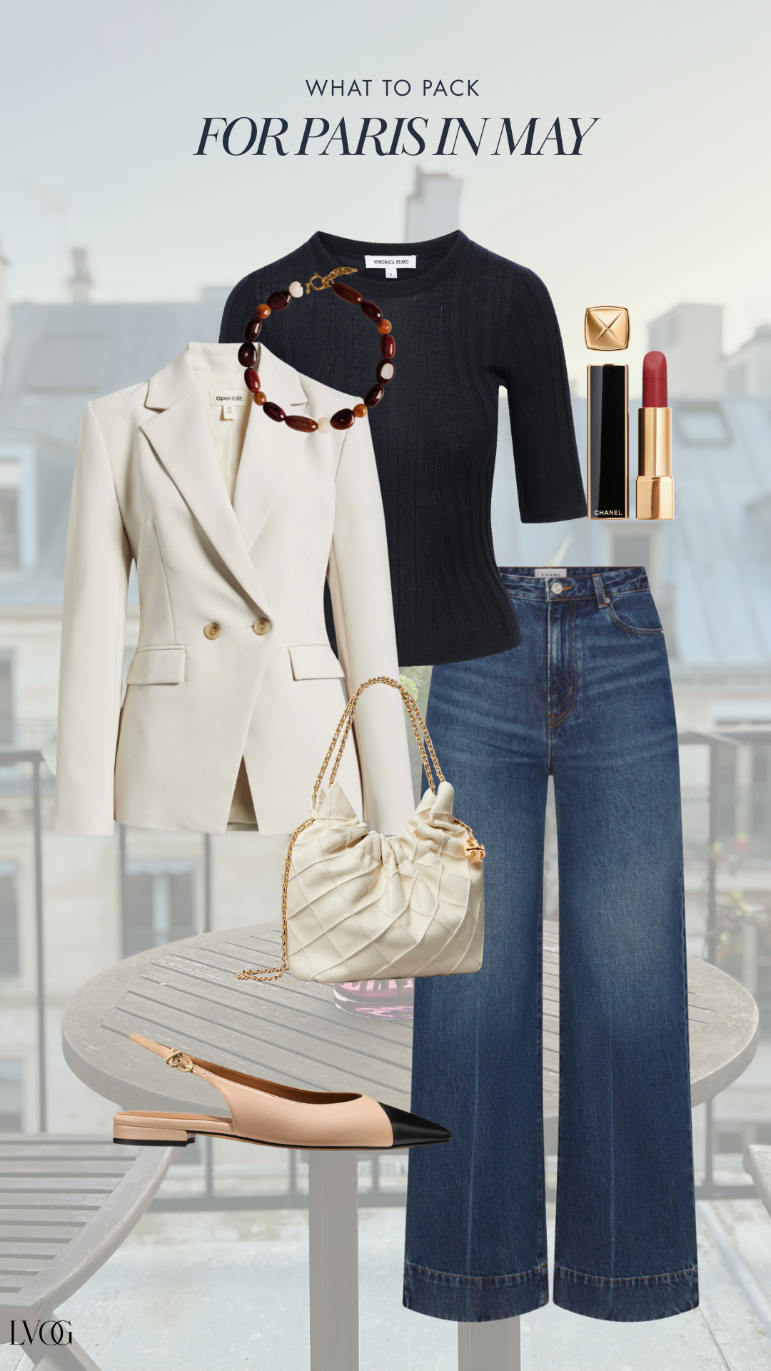 Parisian spring outfit: cream blazer, black ribbed knit, wide-leg jeans and slingback flats