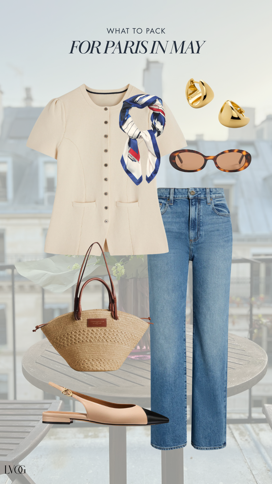 Paris spring outfit: cream button top, straight-leg jeans, silk scarf and slingback flats