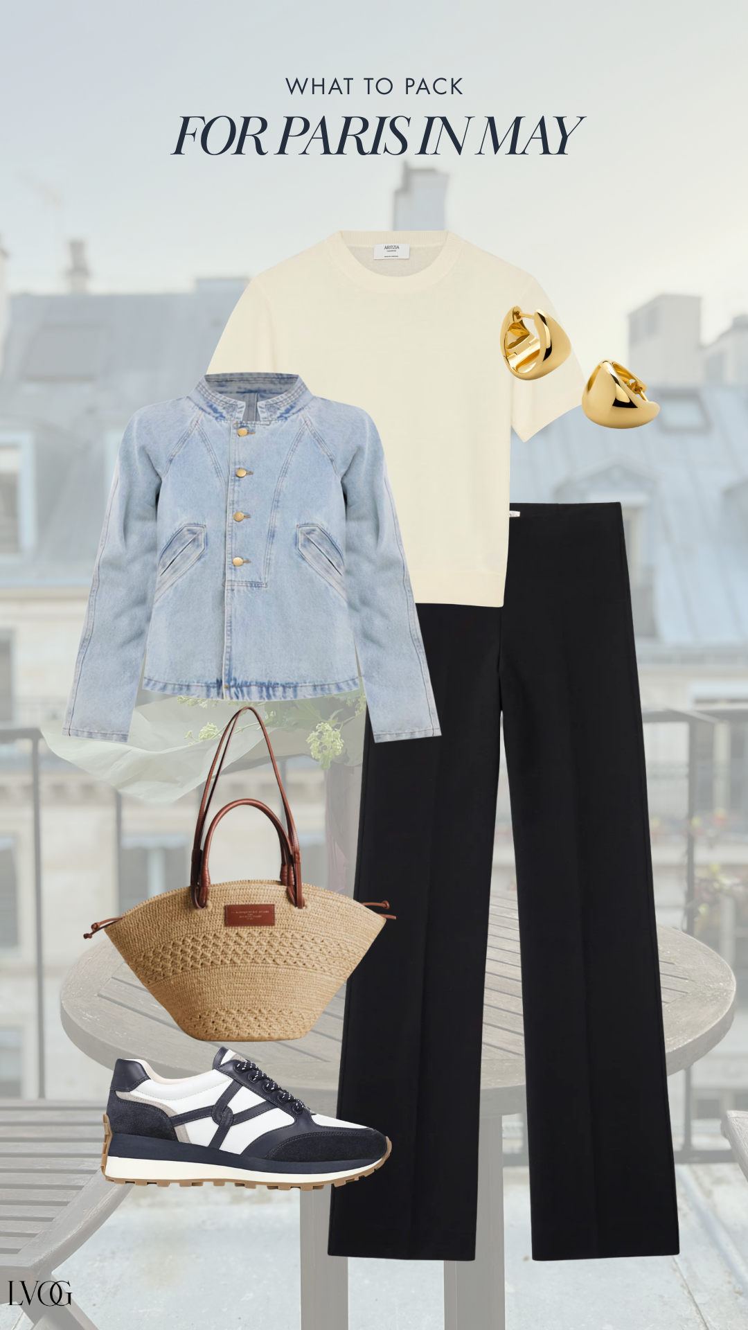 Casual Paris spring outfit: denim jacket, cream tee, black trousers and sneakers