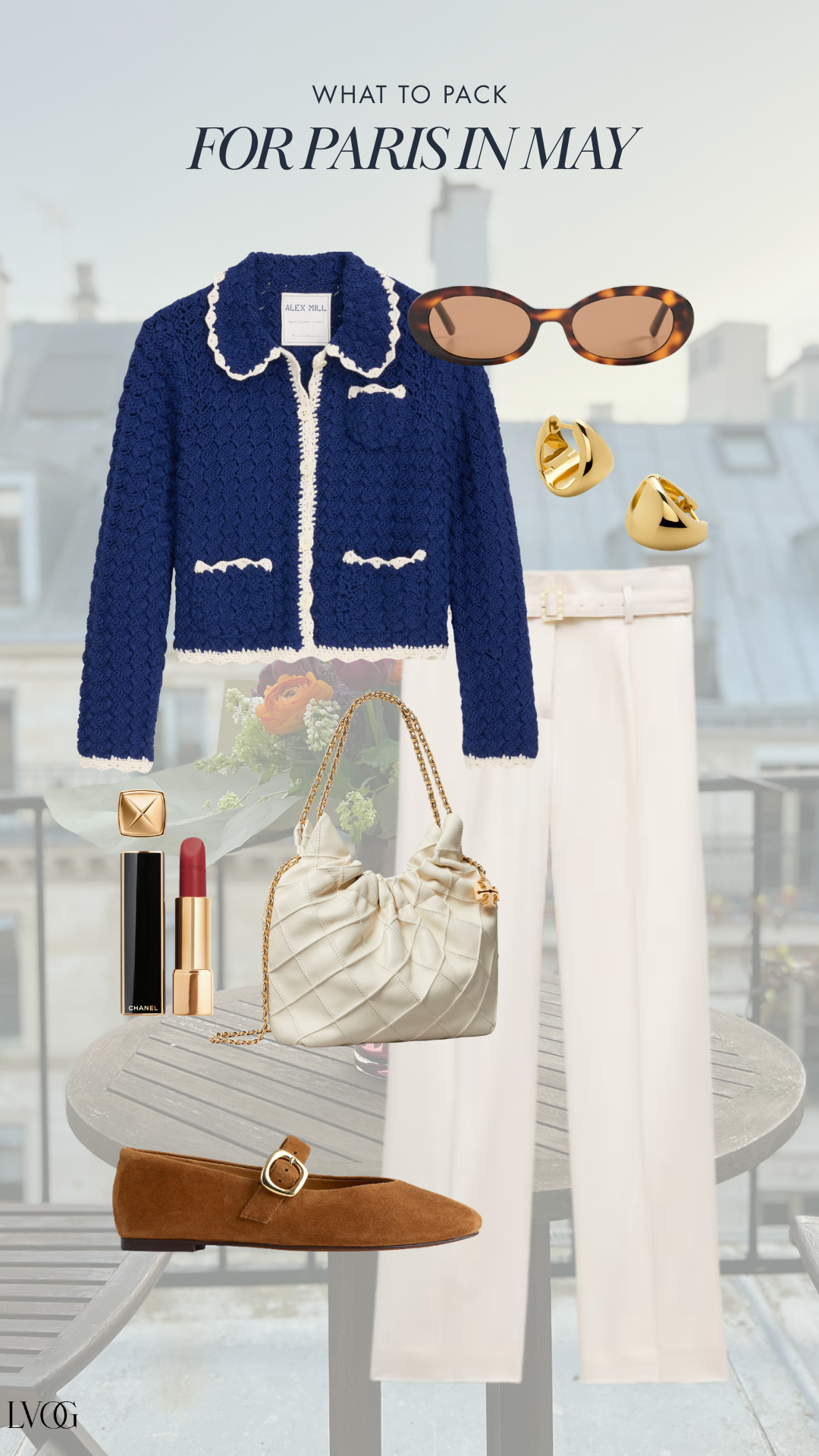 What to wear in Paris in May for dinner: navy bouclé jacket, white trousers and red lipstick