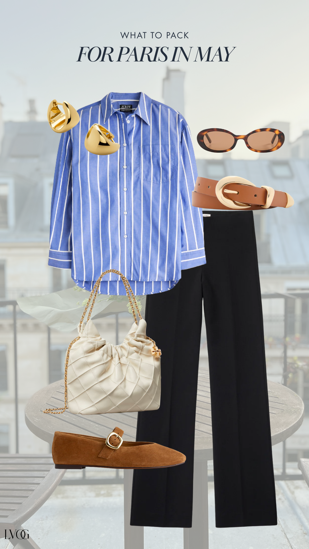 Paris May outfit idea: blue striped shirt, black tailored trousers and suede loafers