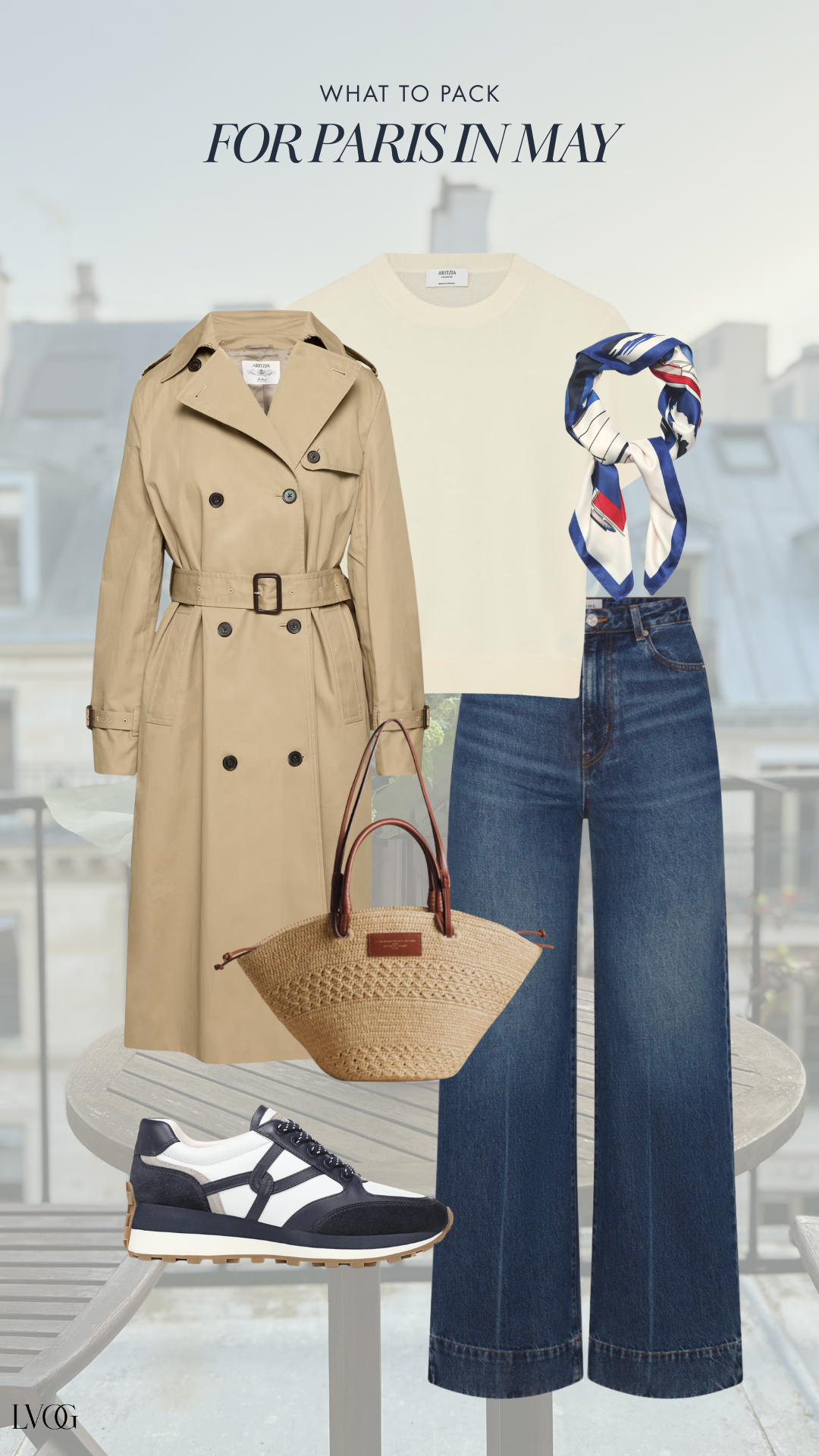 What to wear in Paris in May: camel trench coat, cream tee, wide-leg jeans and sneakers
