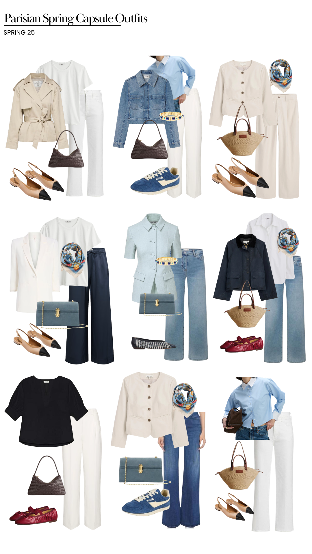 Parisian spring capsule outfits featuring neutral tones with trench coat, white denim, ballet flats, silk scarf and classic French style pieces.
