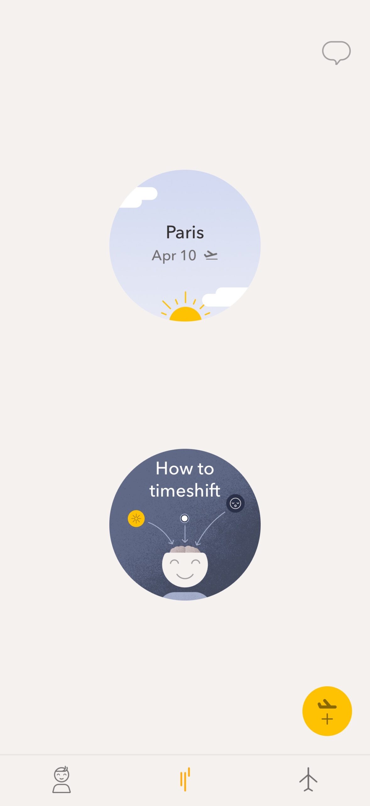 Timeshifter app on iPhone showing Paris trip scheduled for April 10 with jet lag prevention guidance