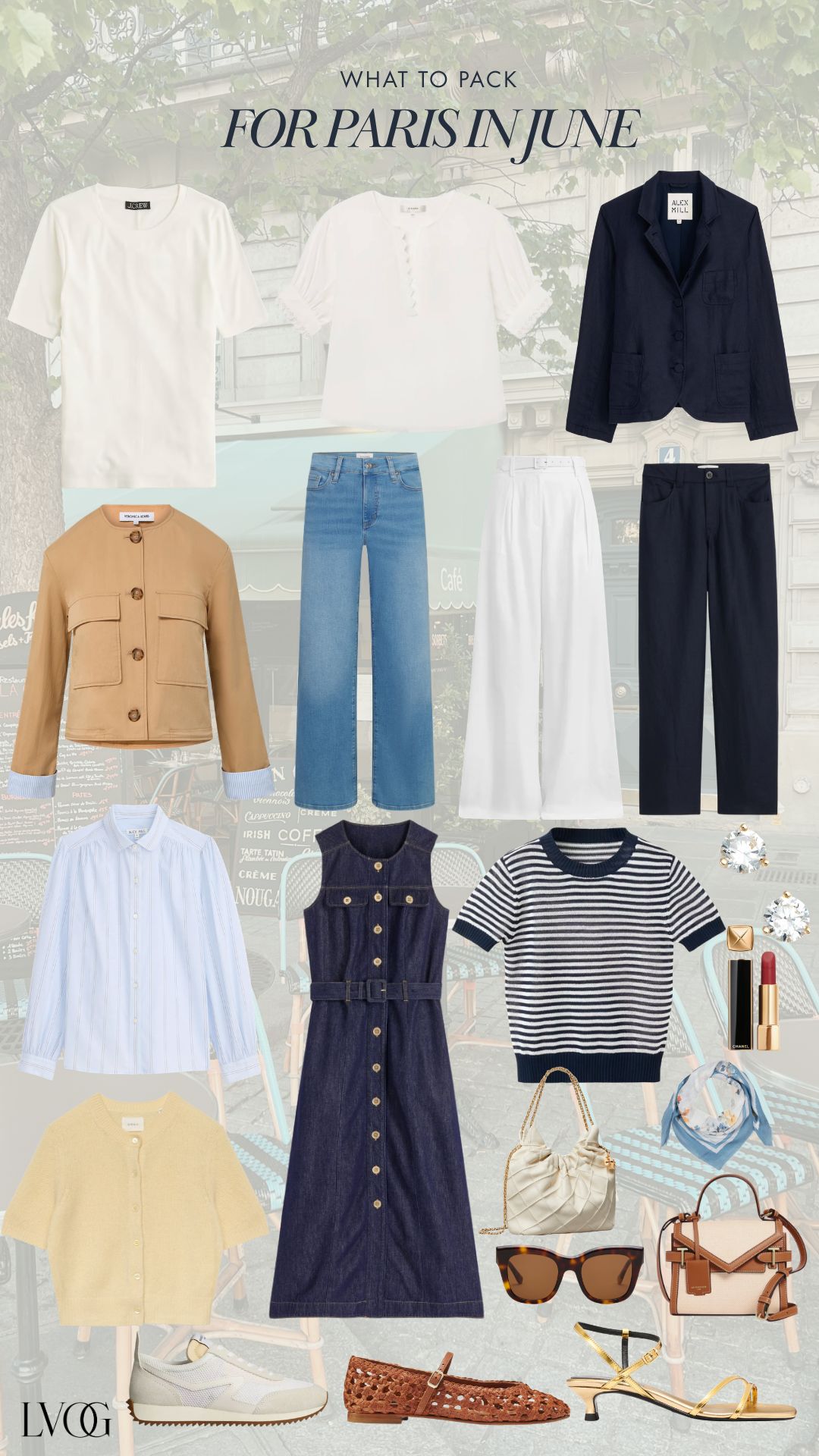 What to wear in Paris in June complete capsule wardrobe flat lay featuring white tee, white linen blouse, navy blazer, camel collarless jacket, blue Oxford shirt, yellow cardigan, Breton stripe tee, navy denim midi dress, light wash jeans, white wide-leg trousers, navy trousers, cream sneakers, cognac woven Mary Jane flats, gold kitten heel sandals, cream quilted chain bag, Le Tanneur mini bag, tortoise sunglasses, blue floral silk scarf, diamond studs, and Chanel lipstick