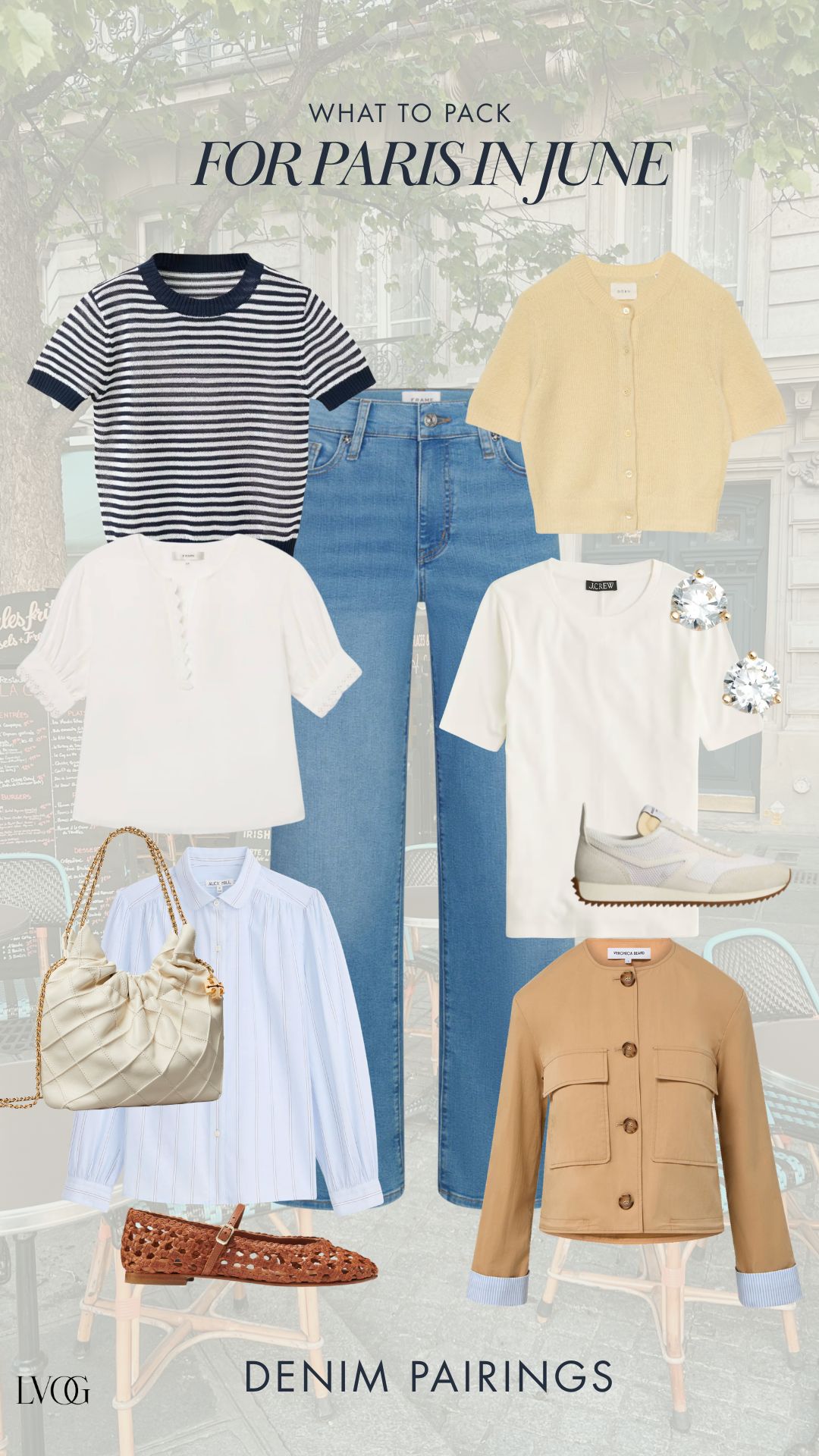 Paris in June outfit pairings flat lay showing light wash wide-leg jeans with Breton stripe tee, white linen blouse, blue Oxford shirt, white tee, and yellow knit cardigan, styled with cognac Mary Jane flats and cream sneakers