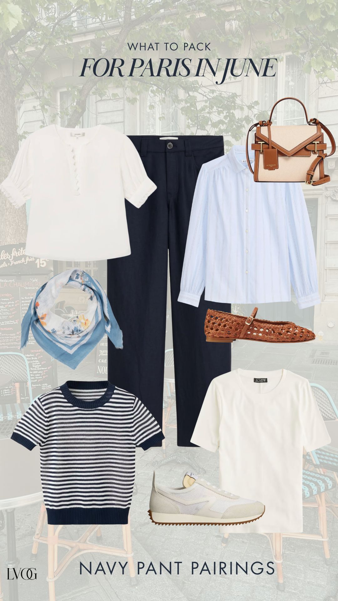 Paris in June outfit pairings flat lay showing navy wide-leg trousers styled with white linen blouse, blue Oxford shirt, Breton stripe tee, white tee, blue silk scarf, cream sneakers, cognac Mary Jane flats, and cream and cognac Le Tanneur mini bag