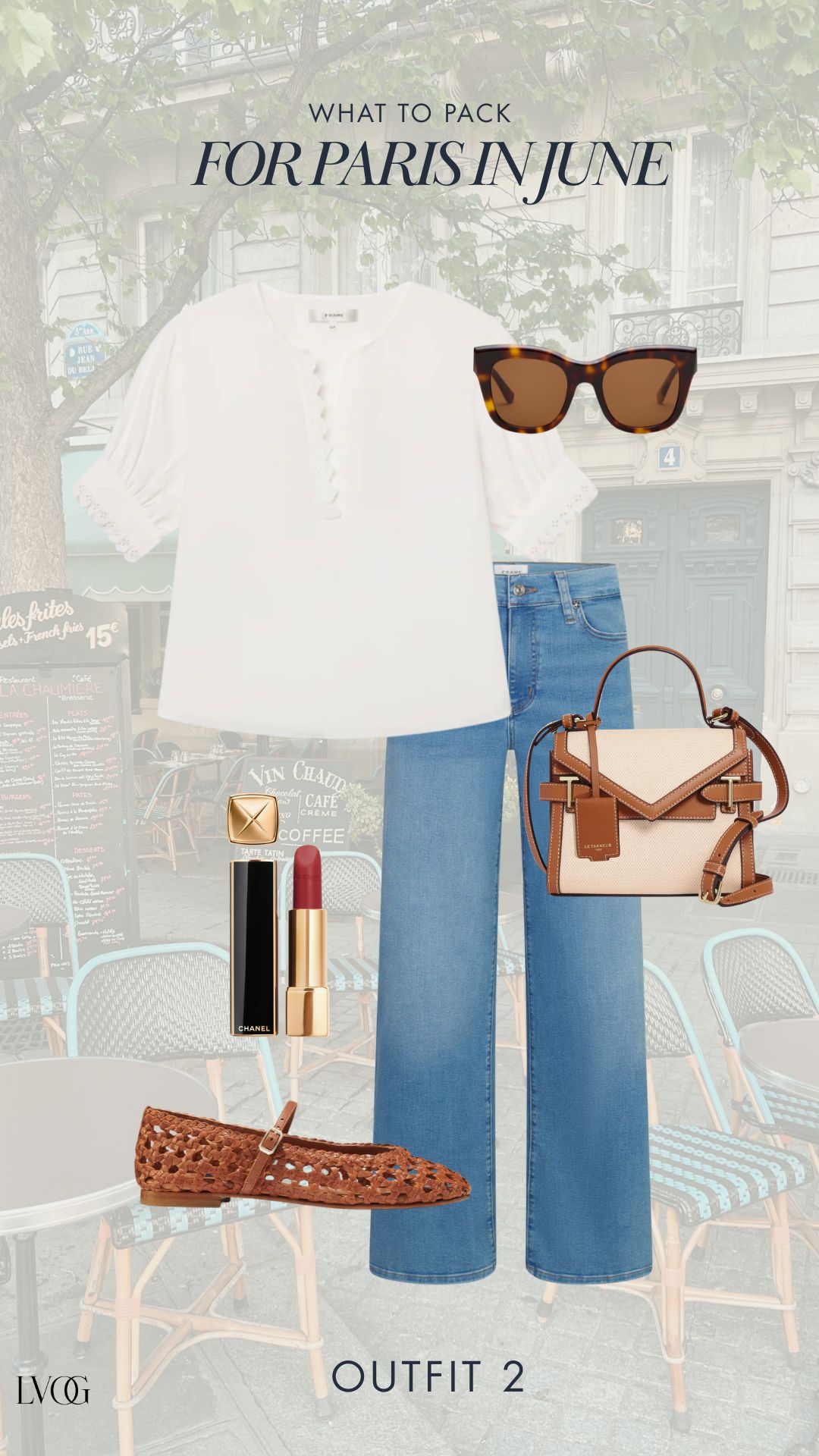What to wear in Paris in June outfit 2 flat lay featuring white linen blouse, light wash wide-leg jeans, cognac woven Mary Jane flats, cream and cognac Le Tanneur mini bag, tortoise sunglasses, and red Chanel lipstick
