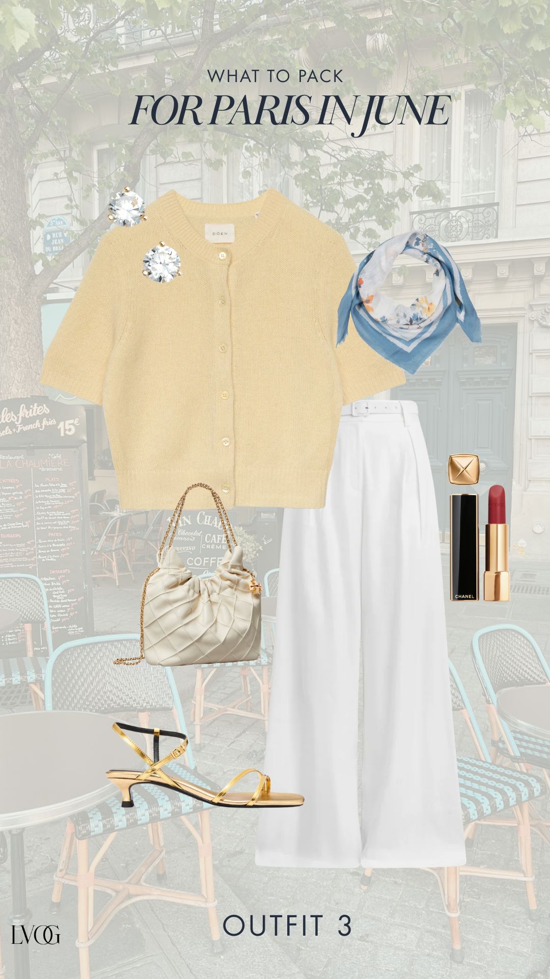 What to wear in Paris in June outfit 3 flat lay featuring butter yellow knit cardigan, white wide-leg trousers, blue floral silk scarf, gold kitten heel sandals, cream quilted chain bag, diamond stud earrings, and red Chanel lipstick