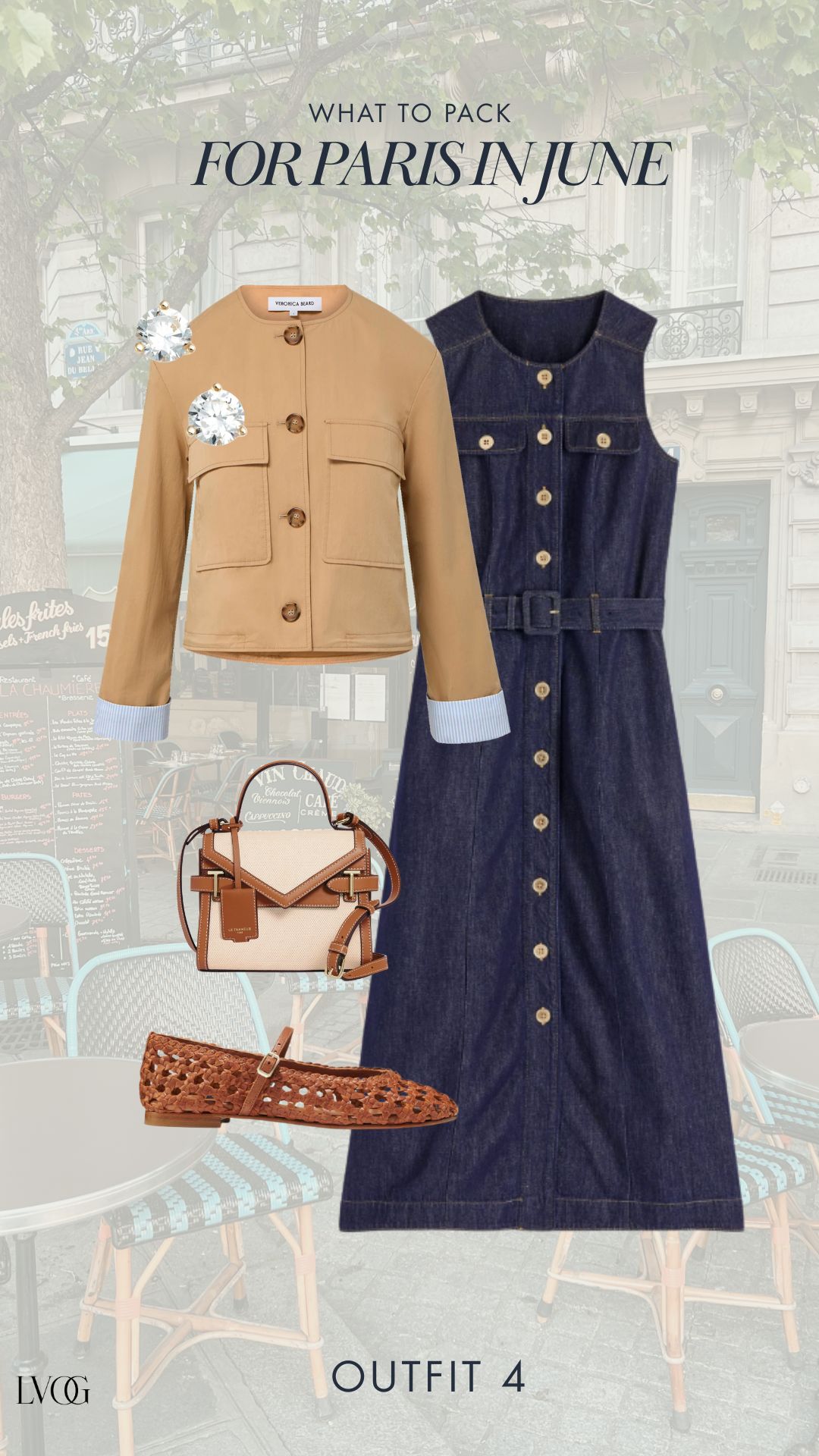 What to wear in Paris in June outfit 4 flat lay featuring Veronica Beard camel collarless jacket, navy denim button-front midi dress, cognac woven Mary Jane flats, cream and cognac structured mini bag, and diamond stud earrings