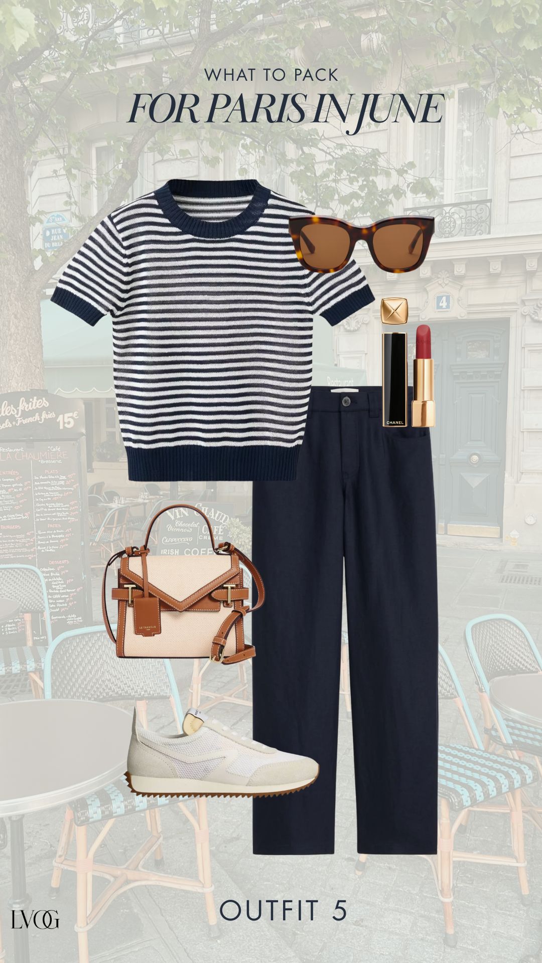 What to wear in Paris in June outfit 5 flat lay featuring navy and white Breton stripe knit tee, navy wide-leg trousers, cream sneakers, cream and cognac Le Tanneur mini bag, tortoise sunglasses, and red Chanel lipstick
