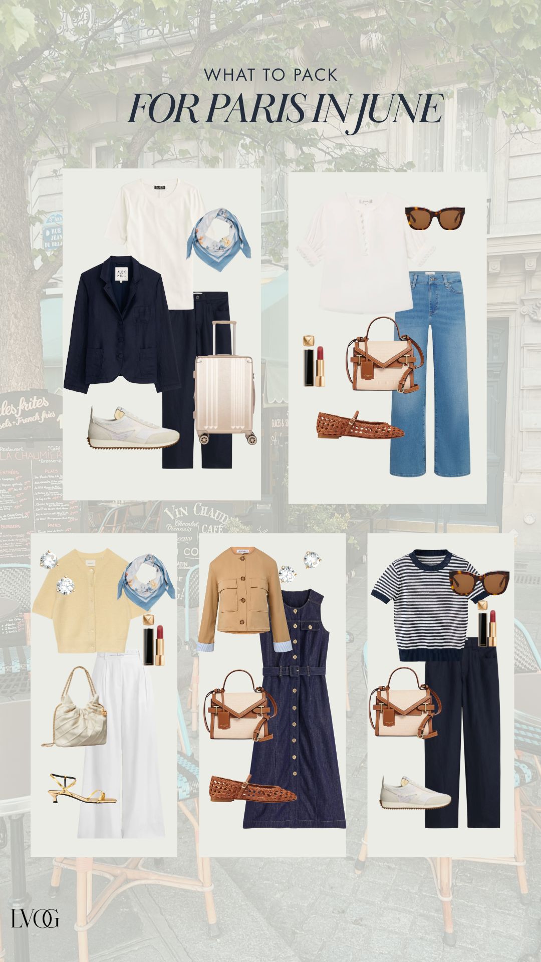 What to wear in Paris in June outfit collage showing five complete looks including a navy blazer travel outfit, white blouse and jeans café look, yellow cardigan with white trousers, camel jacket over navy denim dress, and Breton stripe tee with navy trousers styled with Paris café background