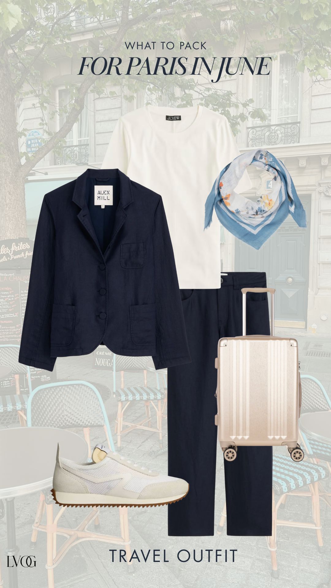 What to wear in Paris in June travel outfit flat lay featuring navy blazer, white J.Crew tee, navy wide-leg trousers, cream sneakers, blue floral silk scarf, and rose gold carry-on suitcase