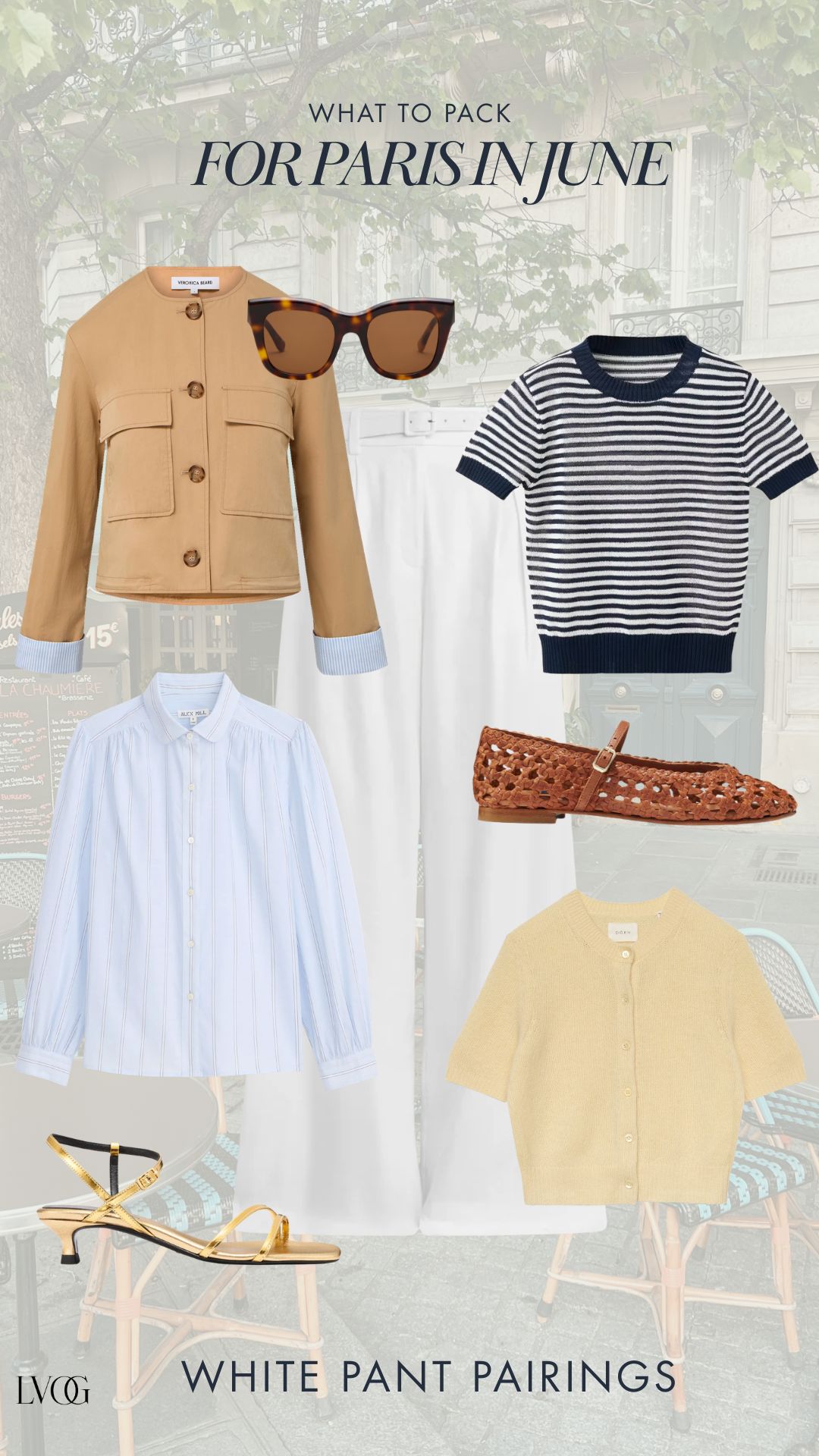 Paris in June outfit pairings flat lay showing white wide-leg trousers styled with camel jacket, Breton stripe tee, blue Oxford shirt, yellow cardigan, cognac woven flats, gold kitten heel sandals, and tortoise sunglasses