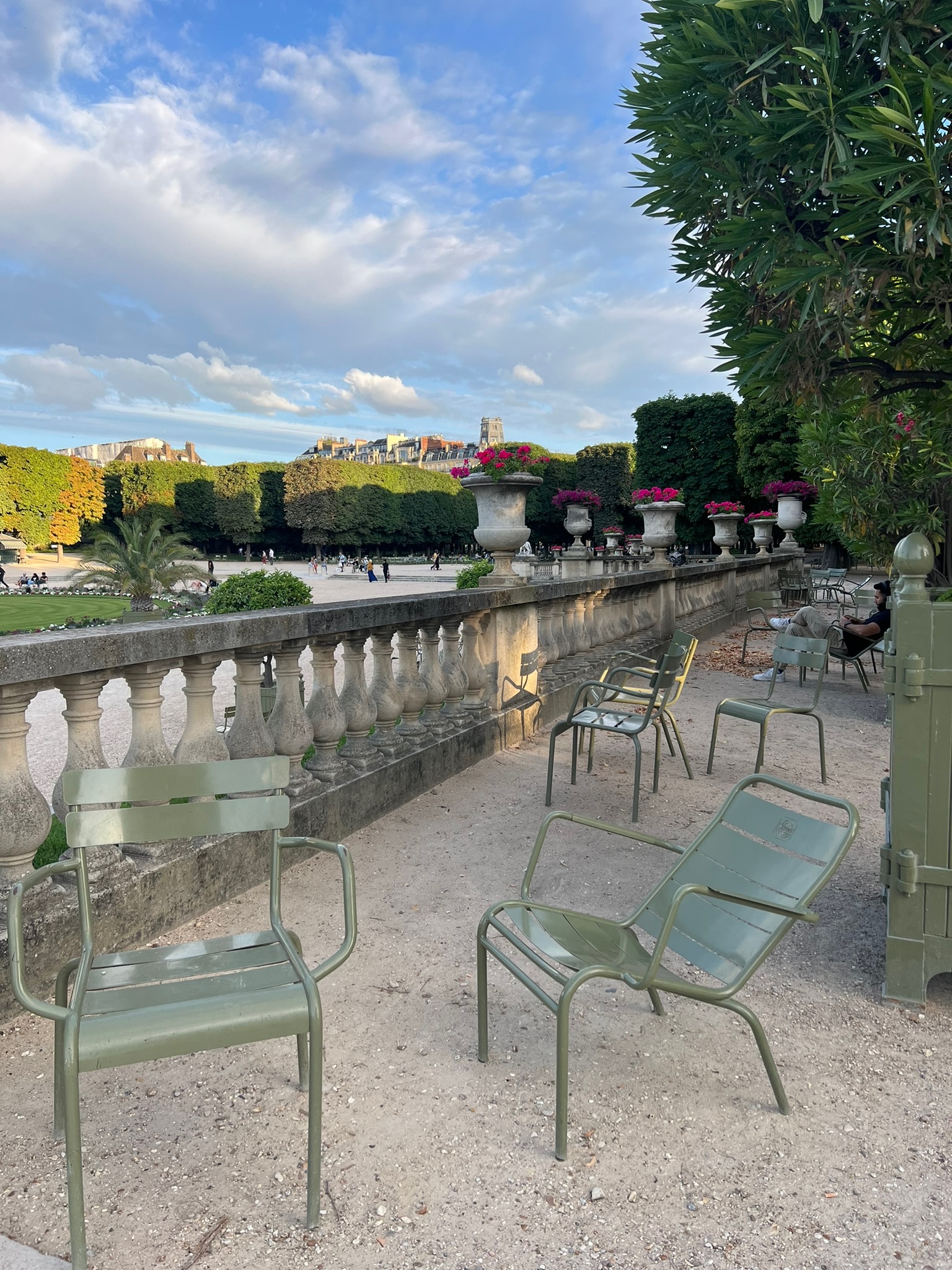 empty green chairs at the Luxembourg Gardens in Paris on a quiet summer morning
