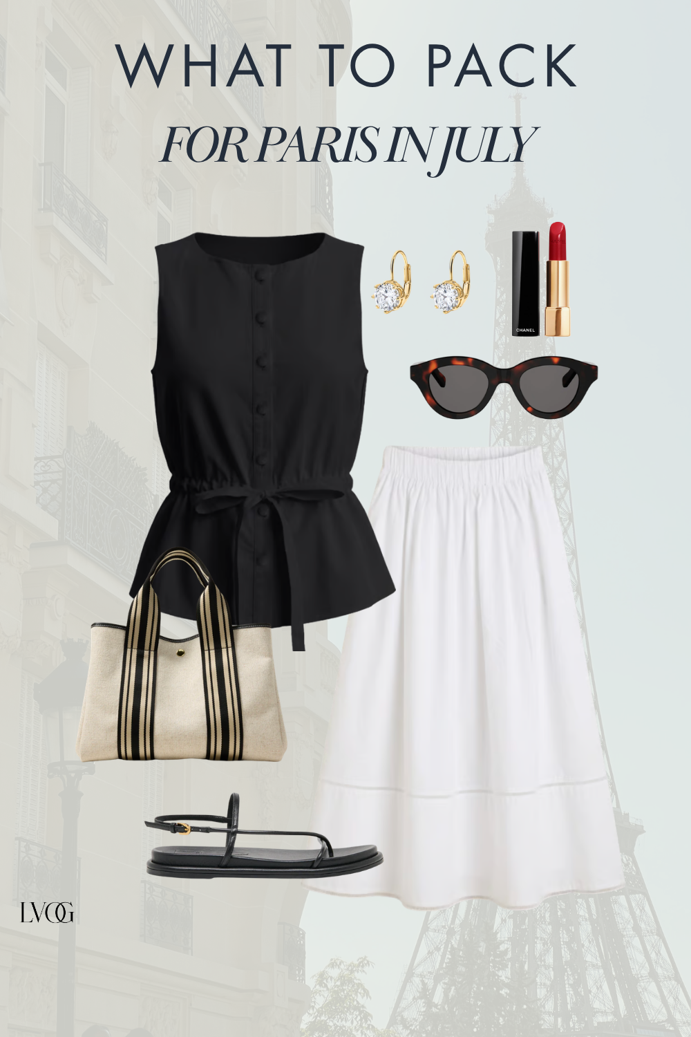 What to wear in Paris in July — black belted peplum top with white tiered midi skirt and canvas tote