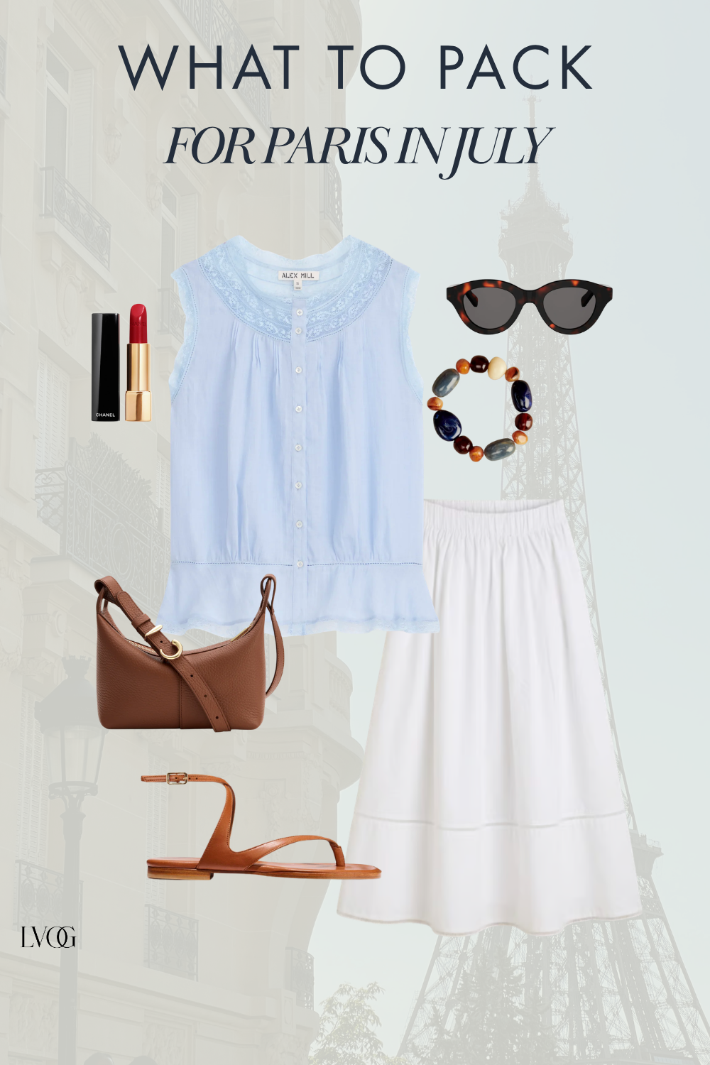 What to wear in Paris in July — light blue lace collar blouse with white midi skirt and cognac crossbody