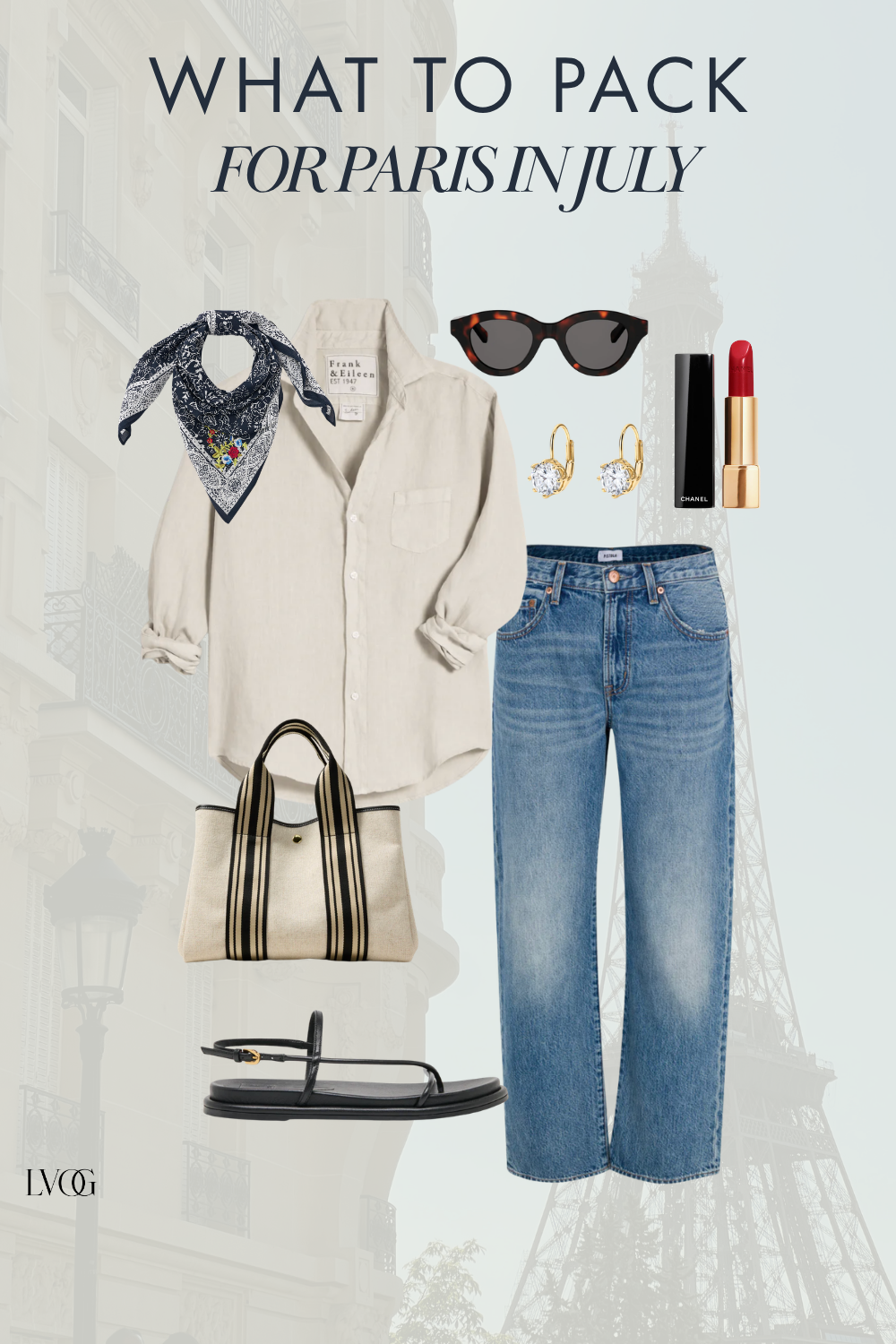 What to wear in Paris in July — ivory linen shirt with straight leg jeans and canvas tote