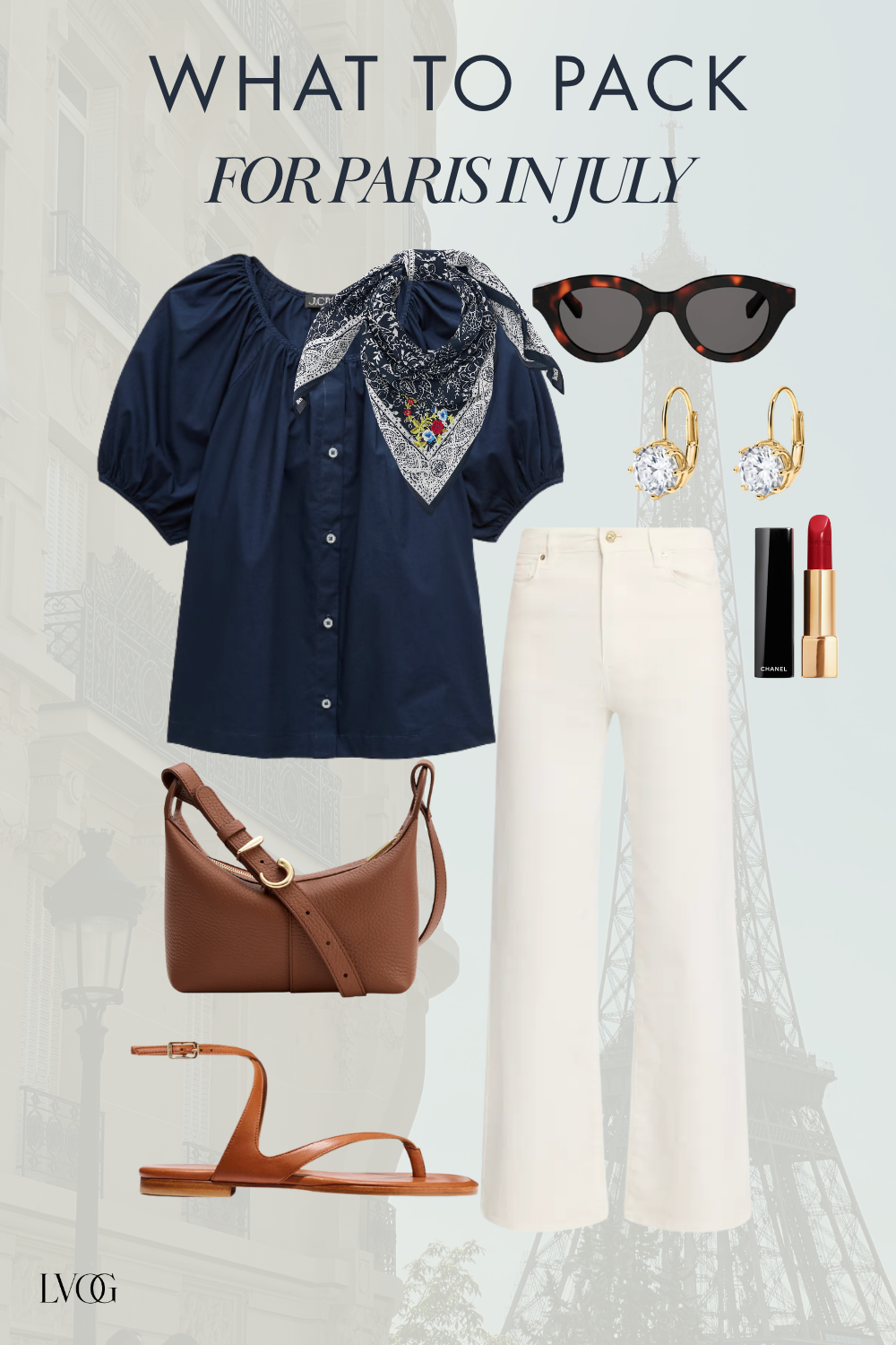 What to wear in Paris in July — navy puff sleeve blouse with white jeans and cognac sandals