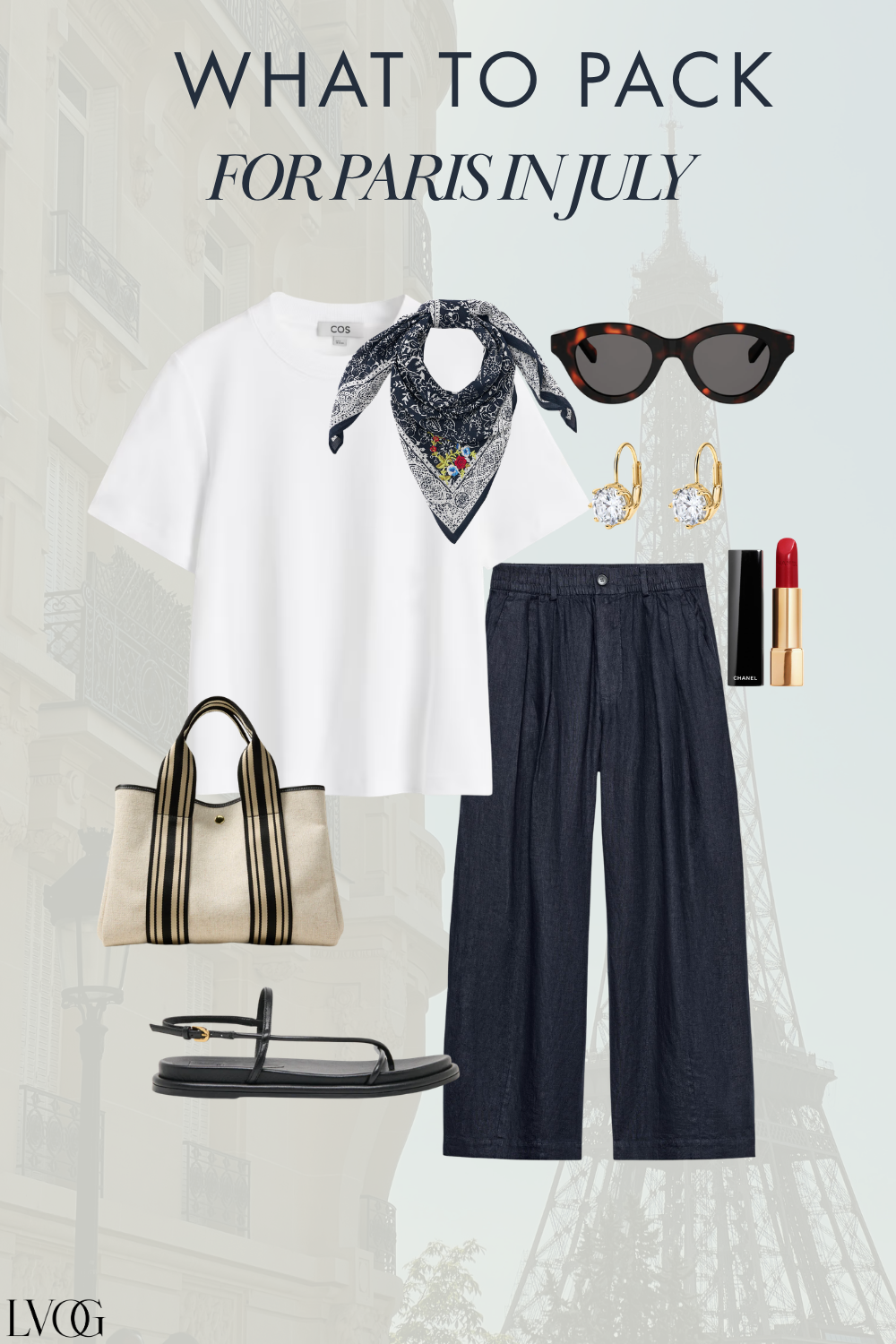 What to wear in Paris in July — white t-shirt with navy wide leg trousers and bandana scarf