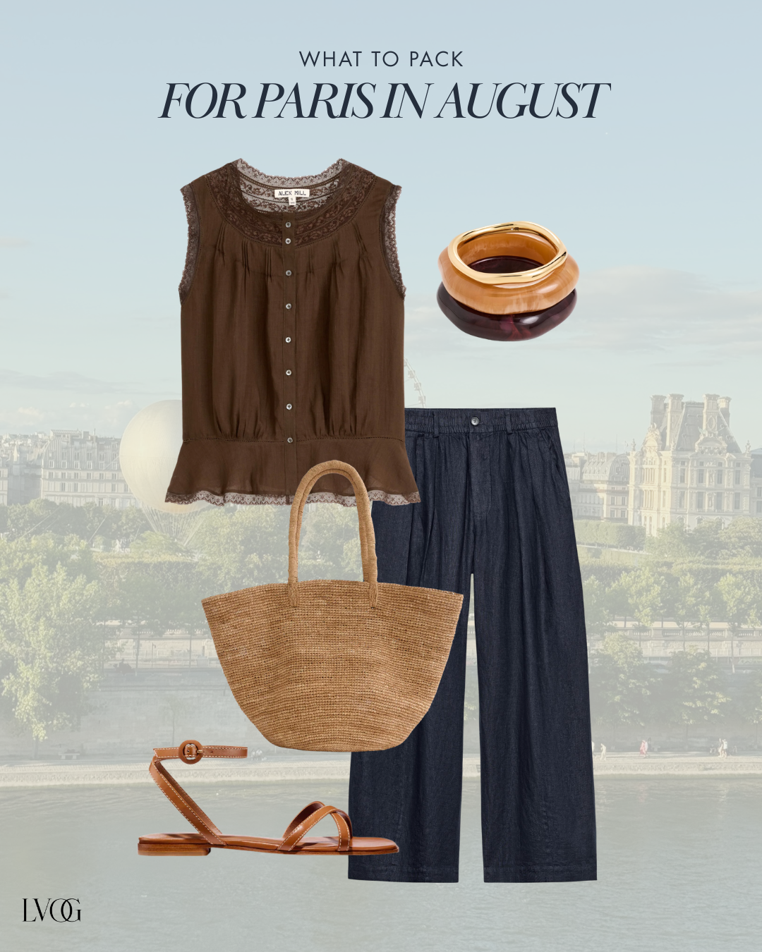 Brown lace-trimmed blouse and navy linen pants outfit for Paris with raffia tote and flat brown sandals
