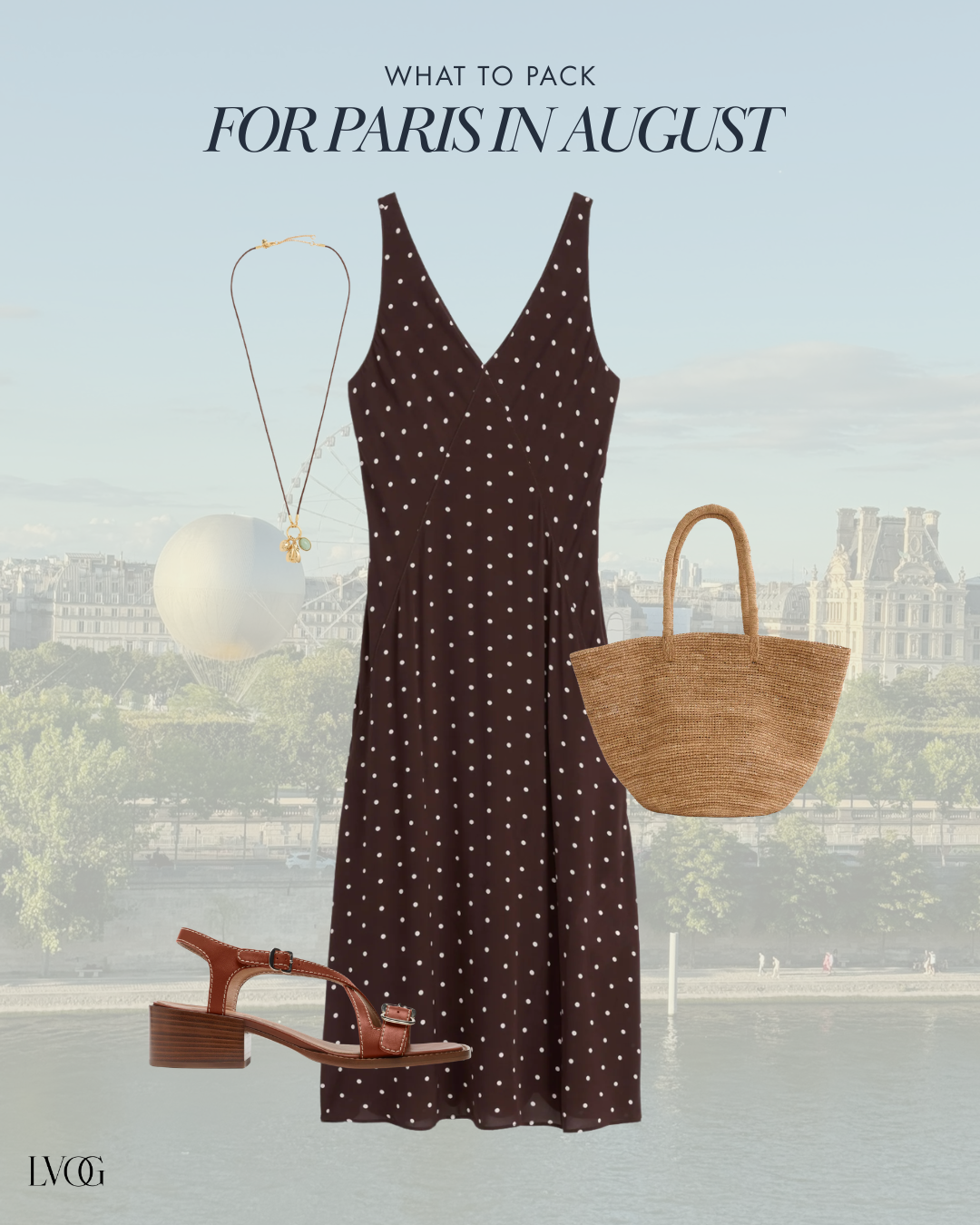 Brown polka dot midi dress evening outfit for Paris with straw tote, gold necklace, and block heel sandals