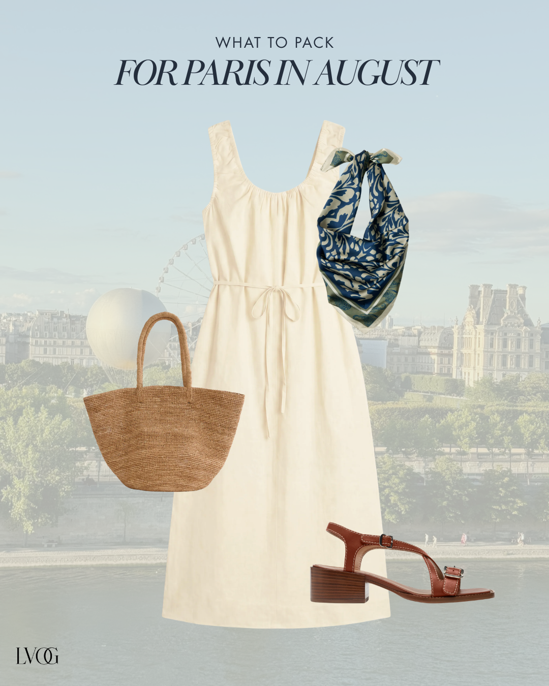 Cream linen midi dress outfit for Paris in summer with raffia tote, silk scarf, and block heel sandals