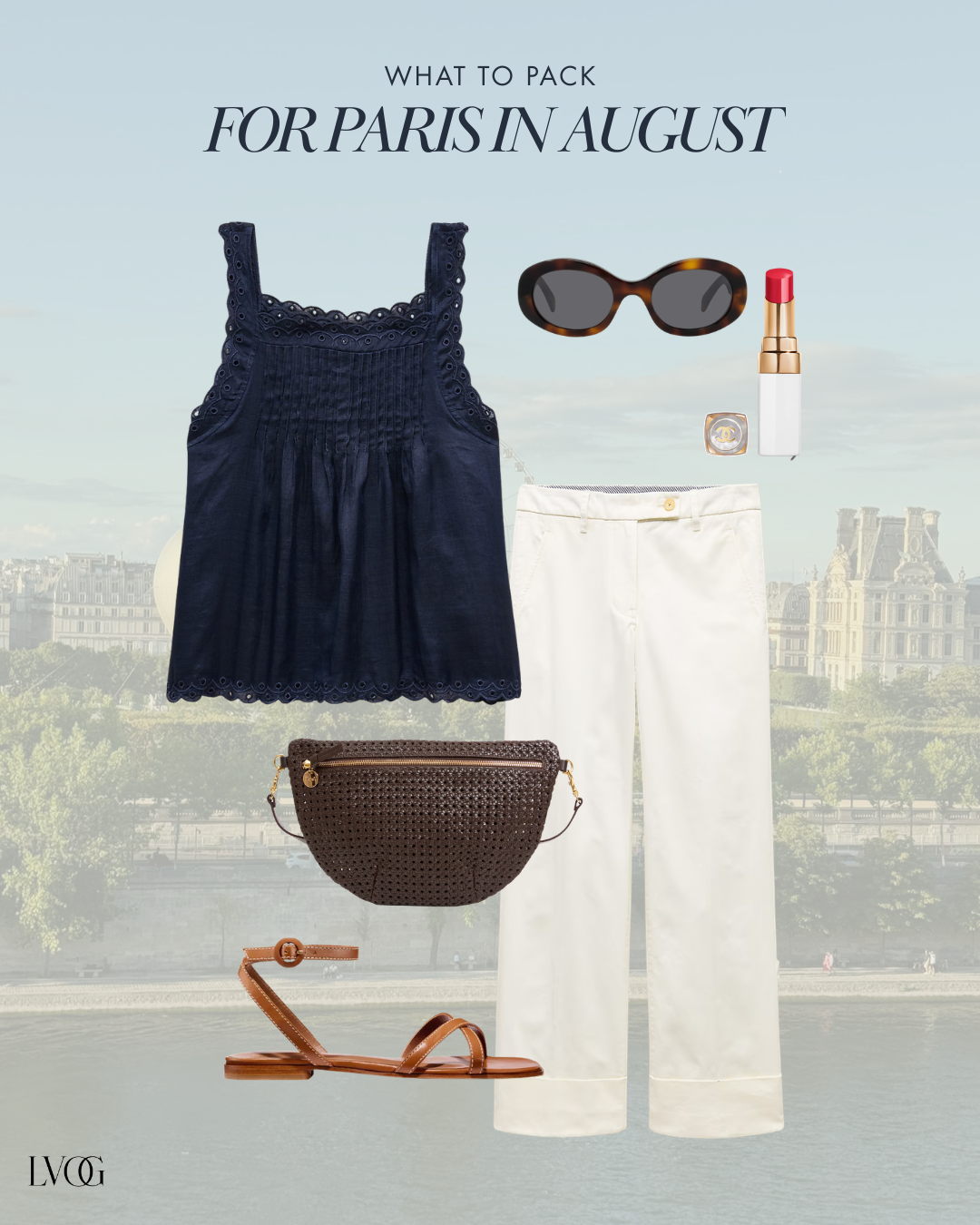 Navy eyelet tank and cream pants outfit for Paris in August with woven belt bag and tortoiseshell sunglasses